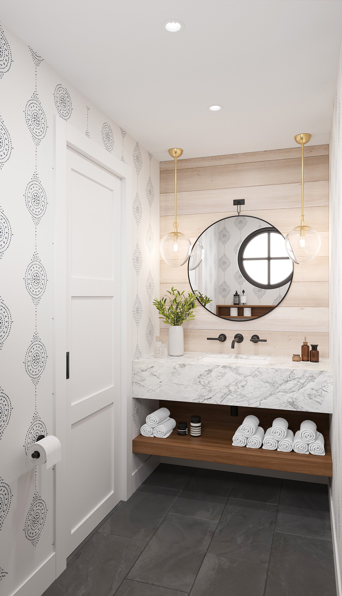 Powder room with bold finishes and refined detailing featuring waterfall countertop and wall-hung linen shelf in Nanny Hagen House in Thornwood, NY. Designed by Luminosus Designs.