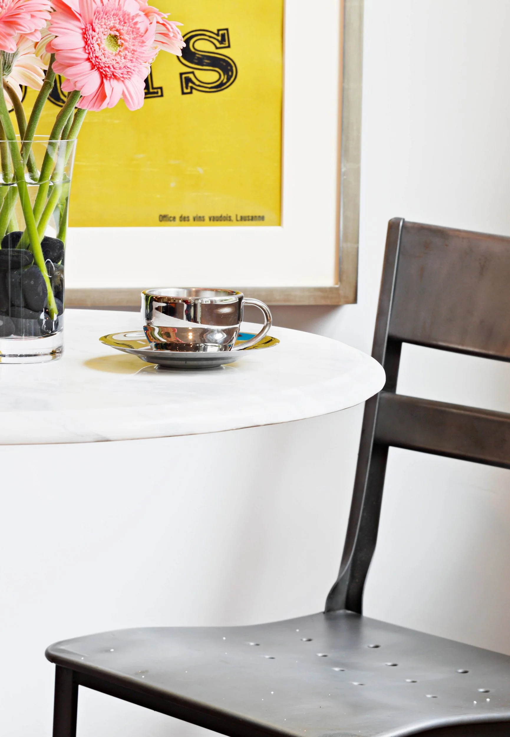 Café-style seating vignette within the family room in Indian Field residence in Greenwich, CT.
