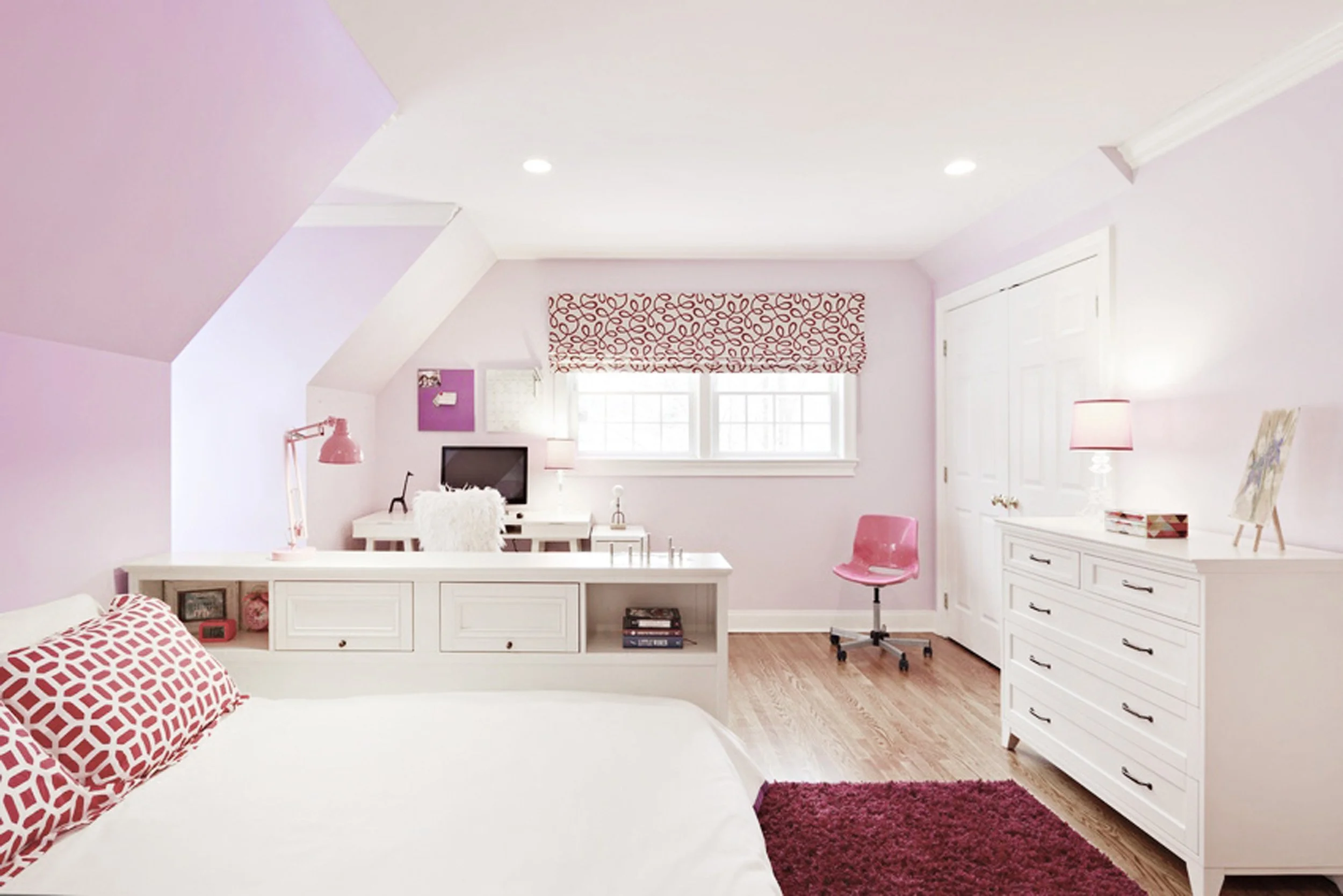 Girl’s bedroom design for the Old Wagon project in Old Greenwich, CT with built-in desk, soft pink palette, and custom storage by Luminosus Designs.