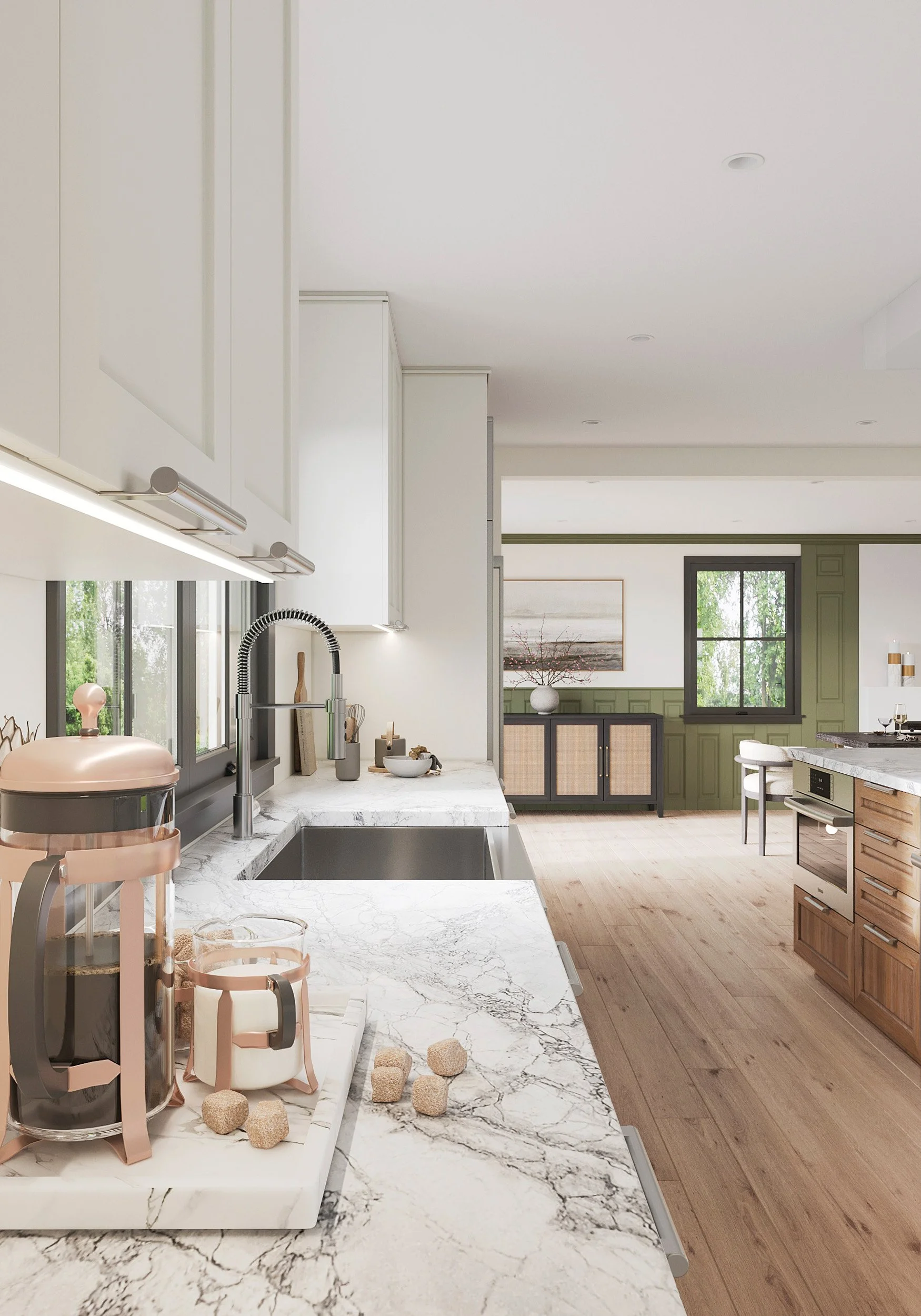 Detail of kitchen stone countertop with a view towards dining room in Nanny Hagen House in Thornwood, NY.