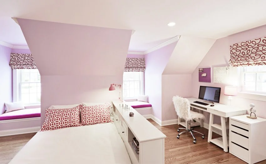 Desk and workspace within a girl’s bedroom designed for the Old Wagon project in Old Greenwich, CT.