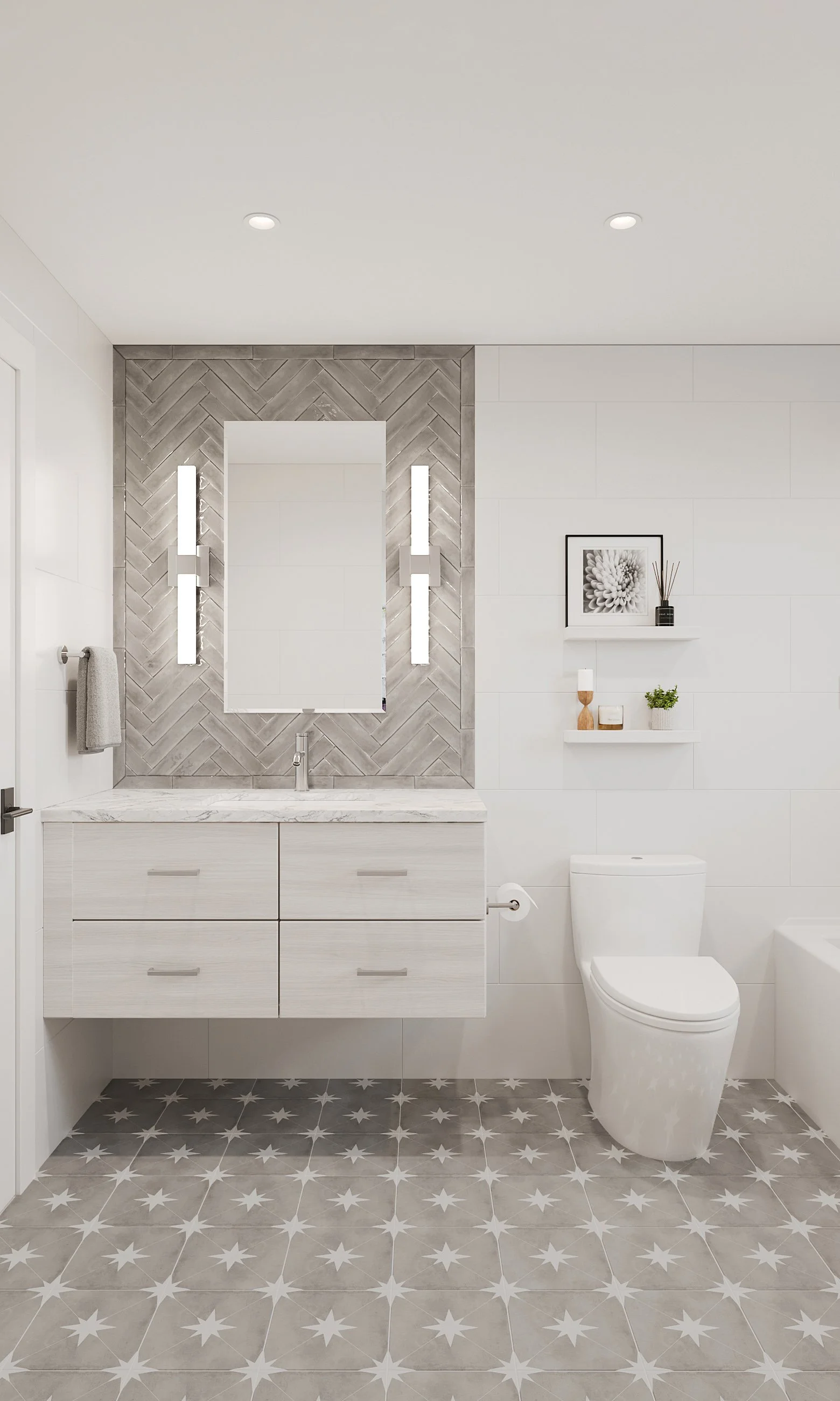 Family bathroom with white floating vanity, warm taupe wall and floor tiles in Nanny Hagen House in Thornwood, NY by Luminosus Designs.