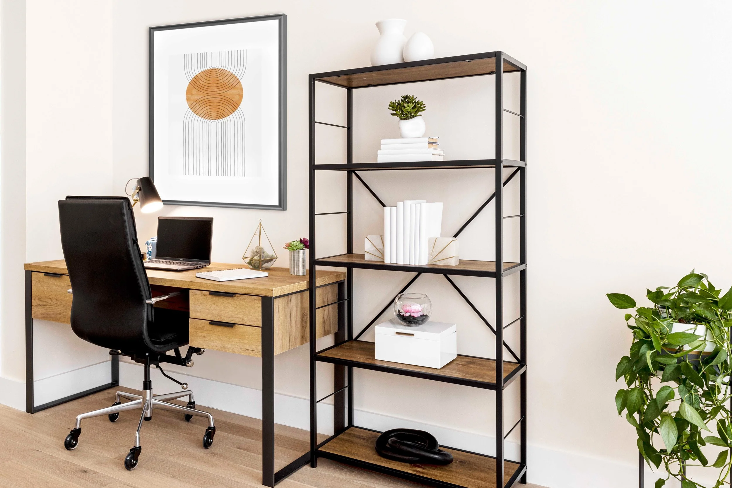 Close-up of the desk and workspace styling in the Gramercy Arms NYC study area.