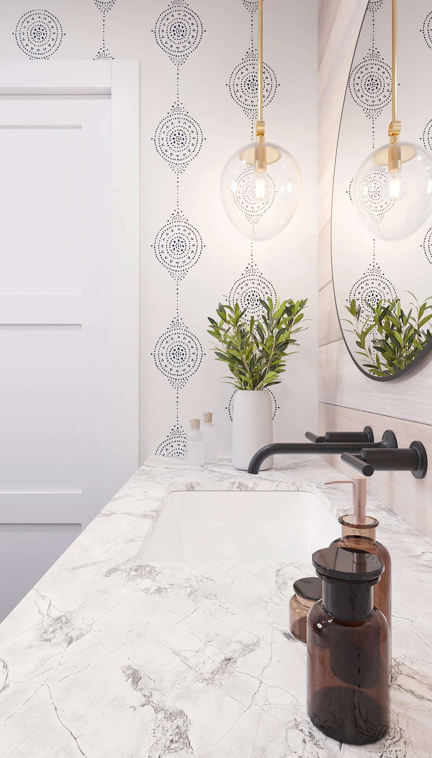 Detail of power room vanity with pendant and wall-mount faucet in Nanny Hangen House in Thornwood, NY.