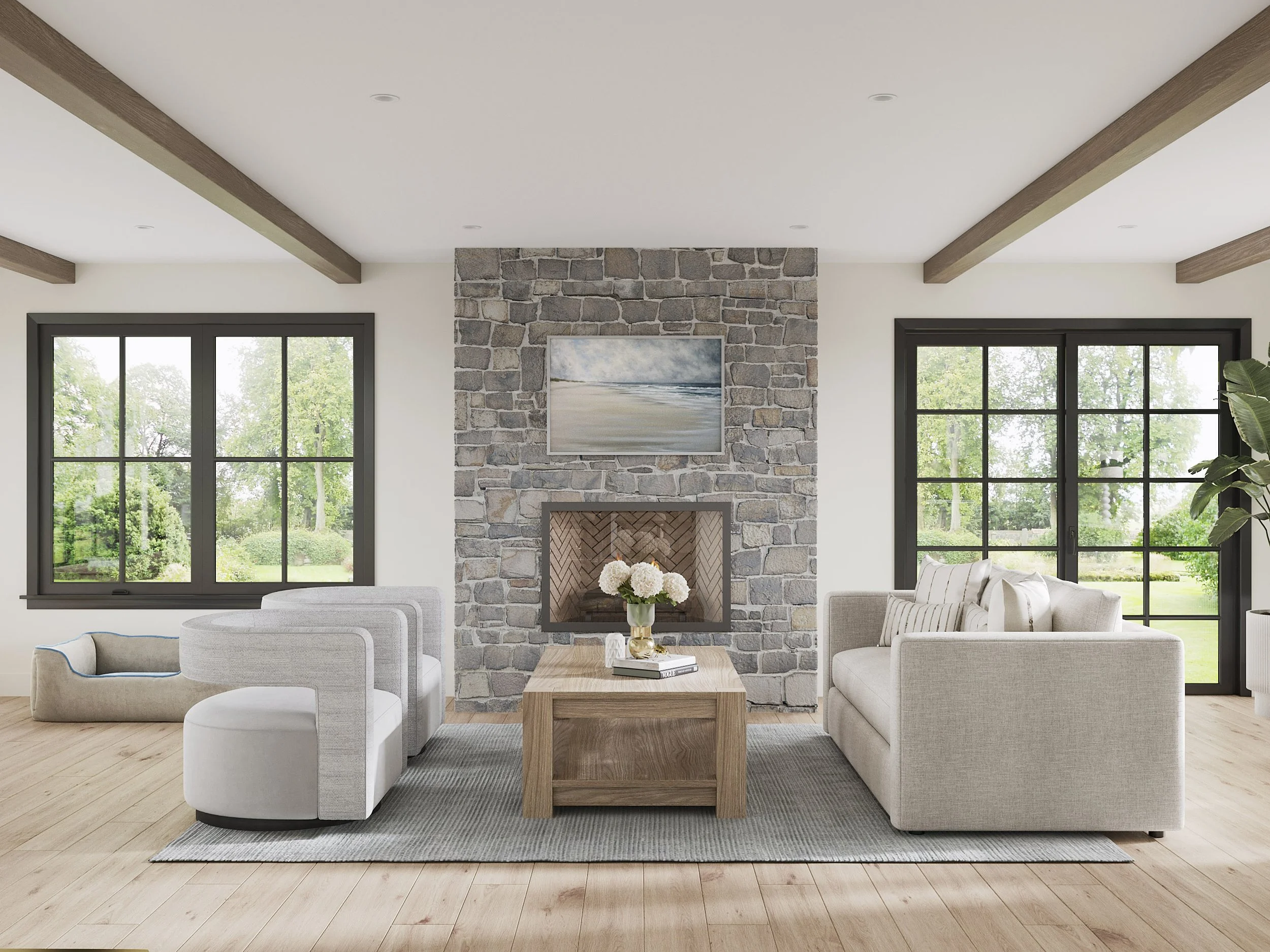 Family room with stone fireplace, custom seating layout and layered textures designed by Luminosus Designs