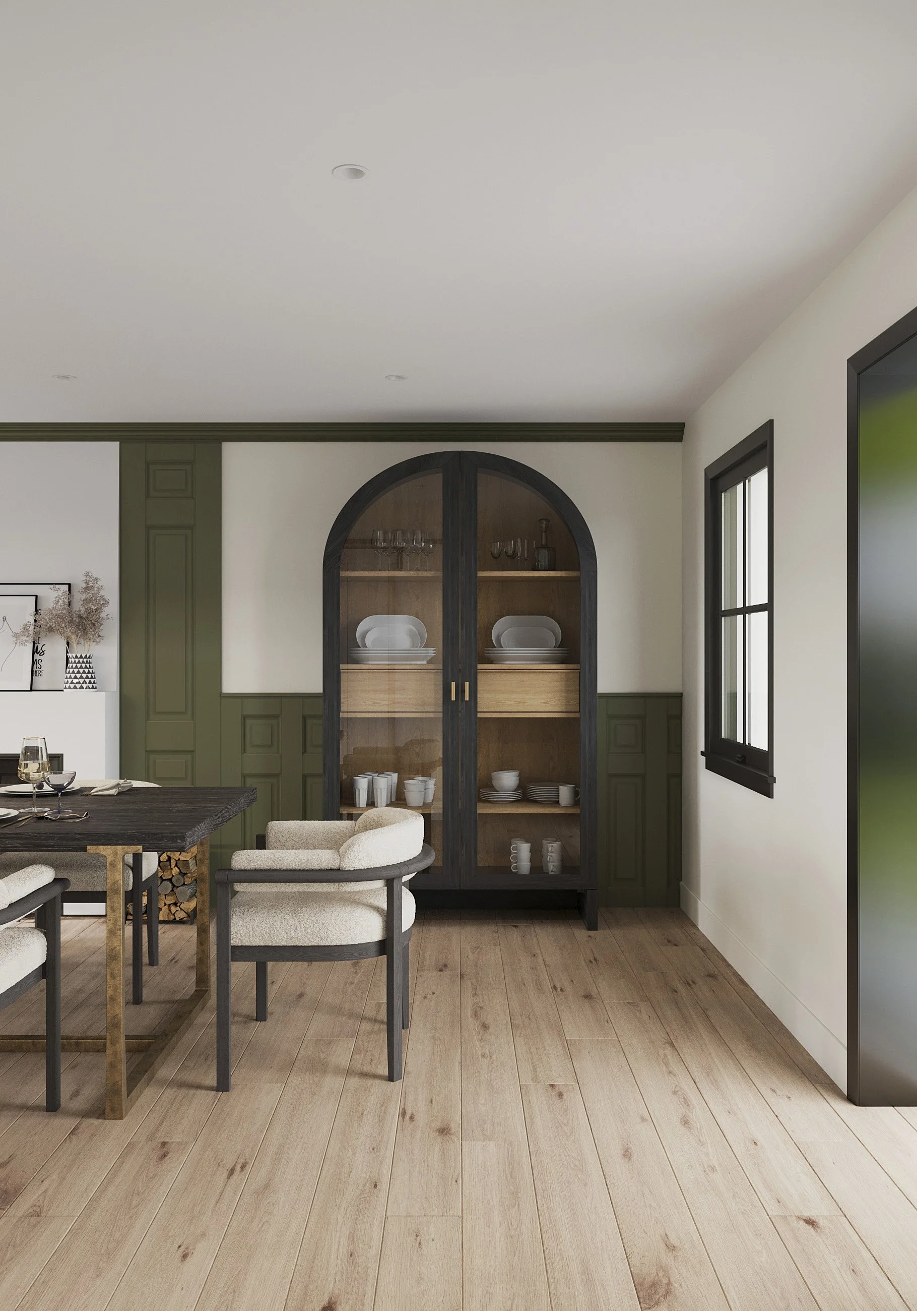 Dining room sideboard with clean-lined cabinetry in  Nanny Hagen House in Thornwood, NY.