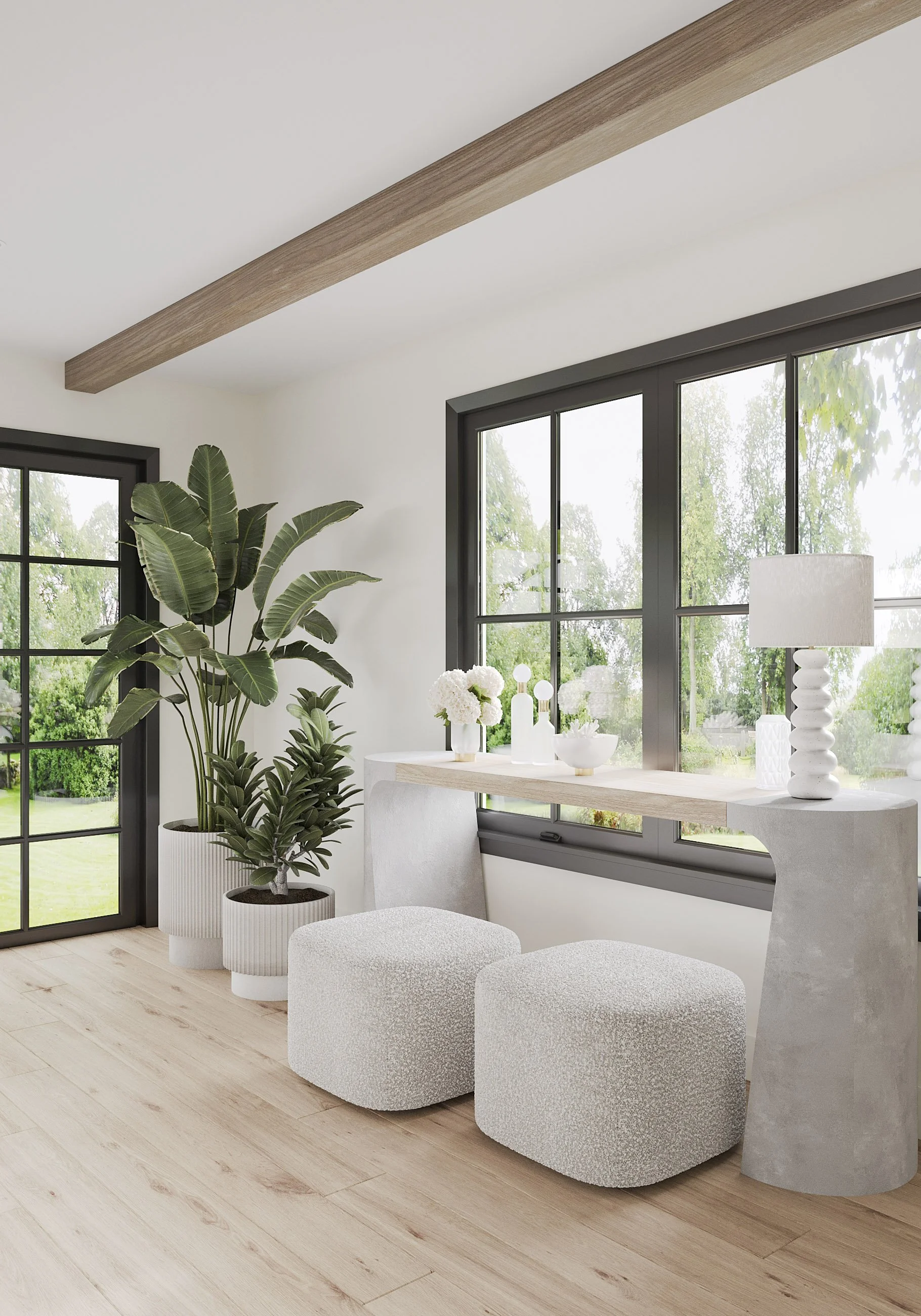 Close-up view of family room stone fireplace and coffee table in Nanny Hagen House in Thornwood, NY.