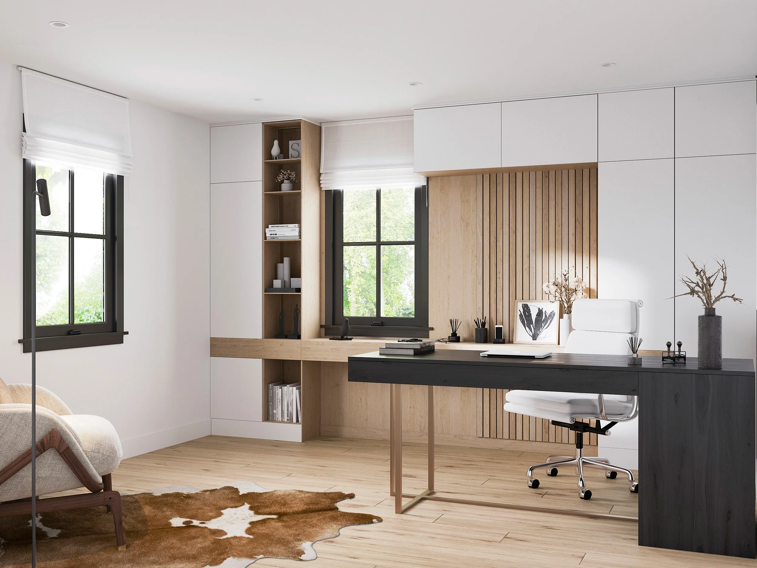 Home office featuring custom built-in bookcase, floating desk, reading nook in Nanny Hagen House in Thornwood, NY by Luminosus Designs.