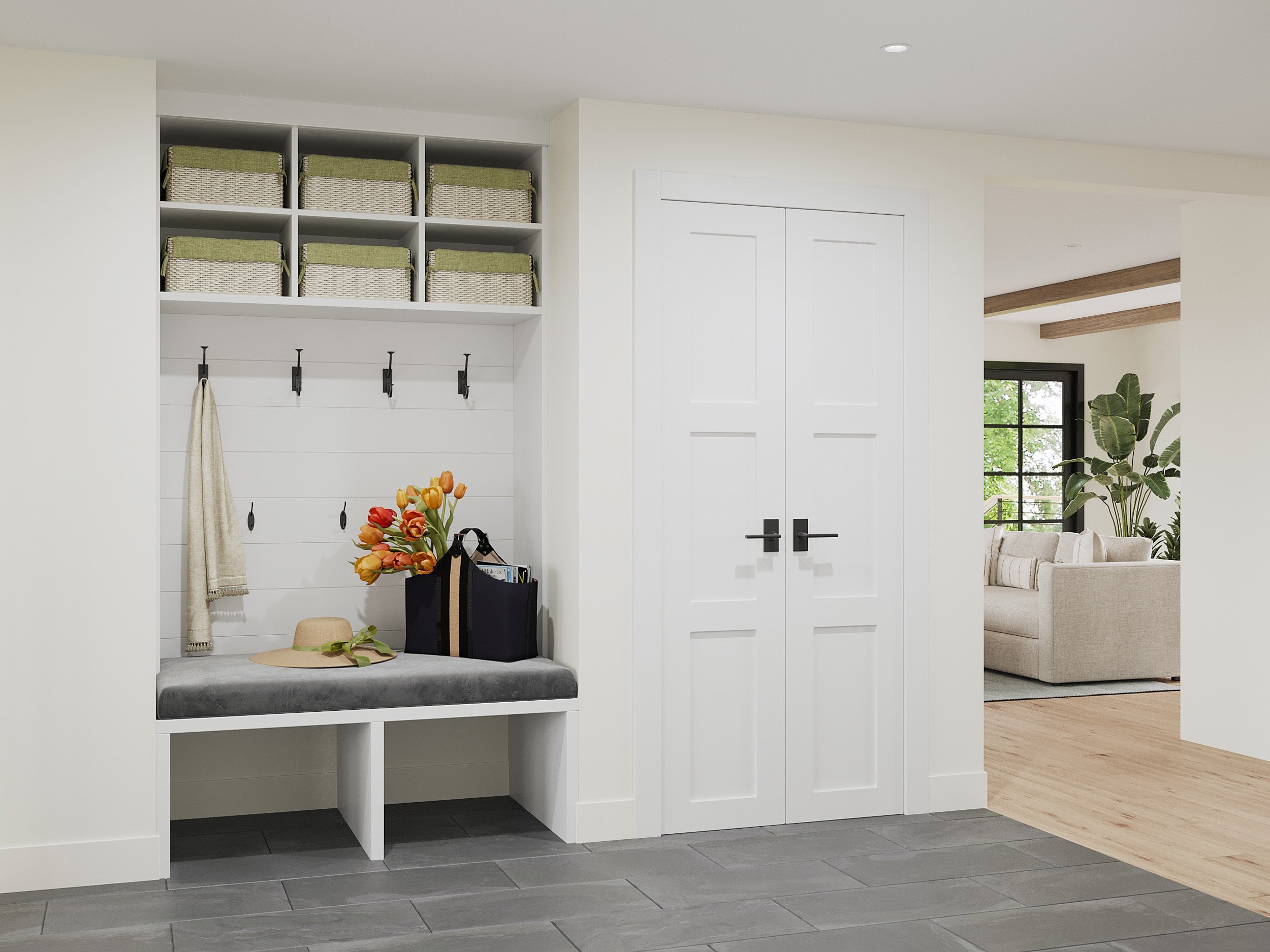 Foyer with custom built-in bench and coat closet designed by Luminosus Designs.