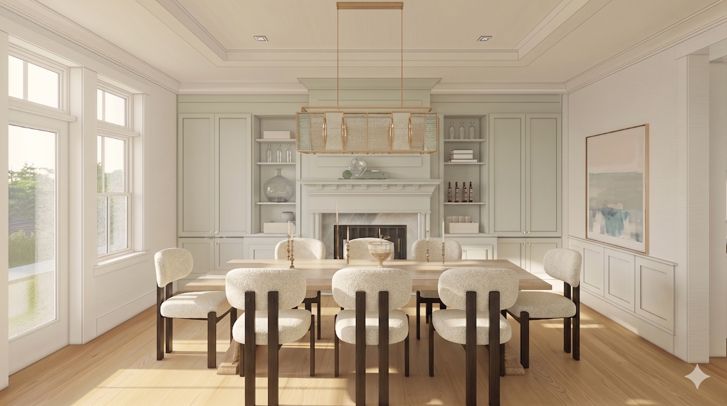 Salt Meadow — Dining Room Concept The formal dining function moves into the long, narrow former living room, creating a generous entertaining area anchored by built-in storage and a fireplace.