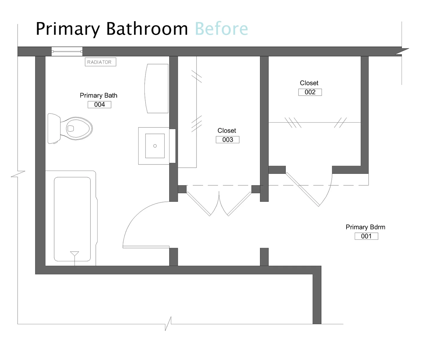 original primary bathroom floor plan before renovation in Old Briarcliff home