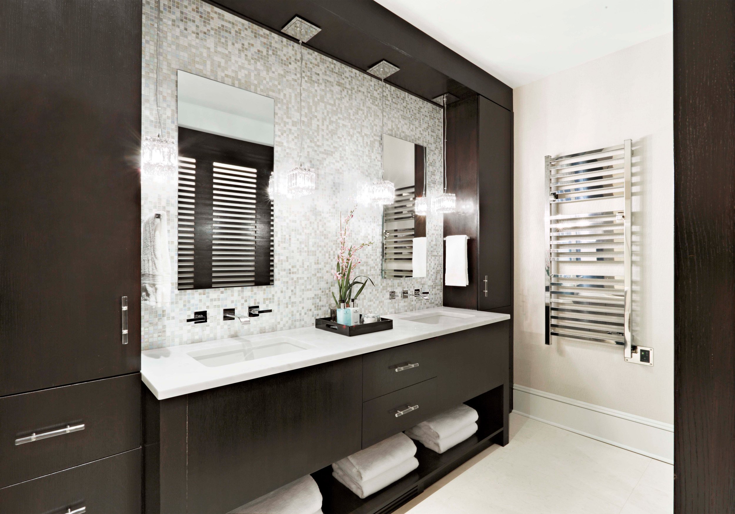 wide view of the custom vanity in a primary bathroom in Old Briarcliff, NY, designed by Luminosus Designs.
