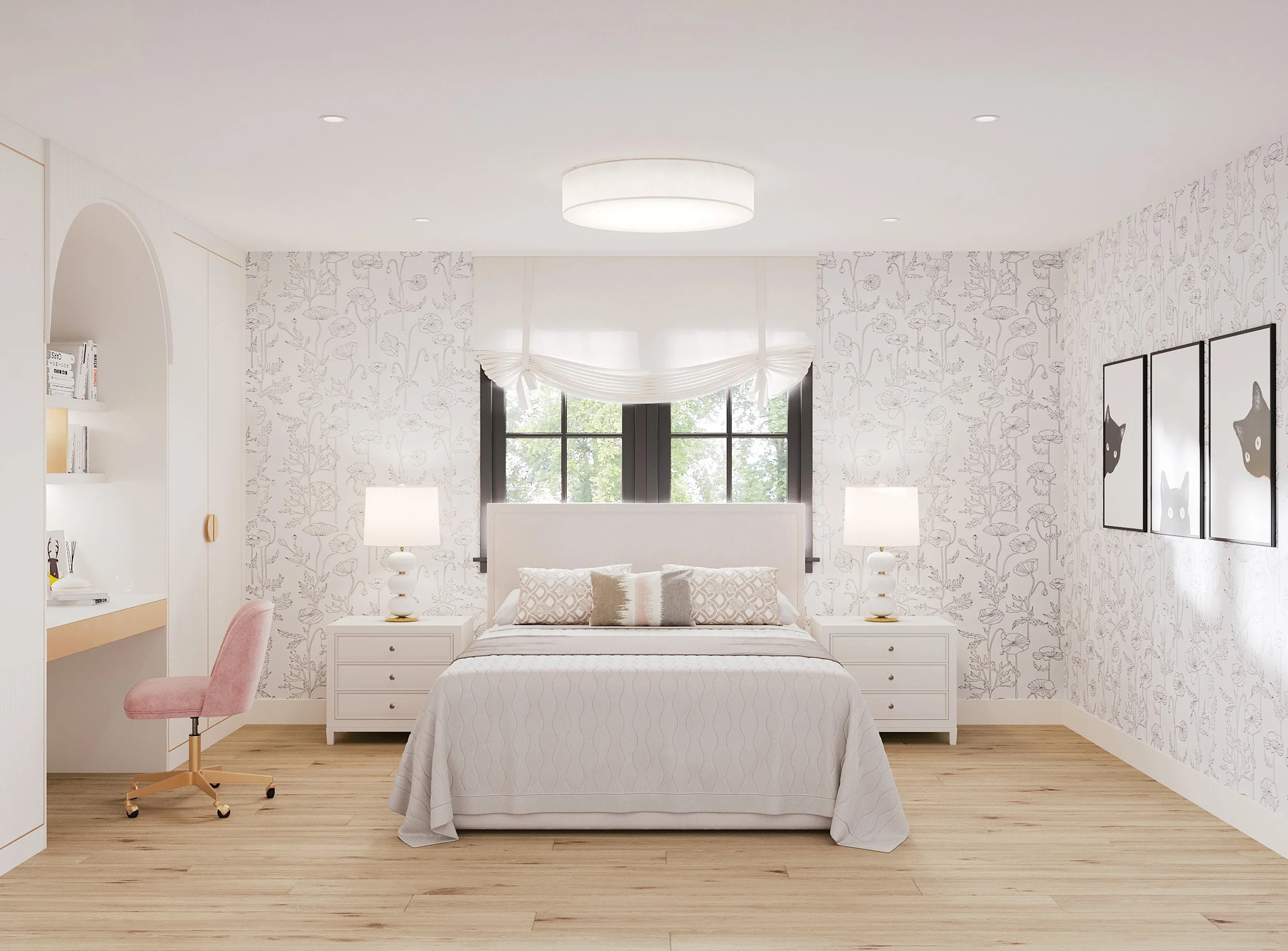 Wide view of girl's bedroom featuring wallpaper and built-in wardrobe and desk in Nanny Hagen House in Thornwood, NY by Luminosus Designs.