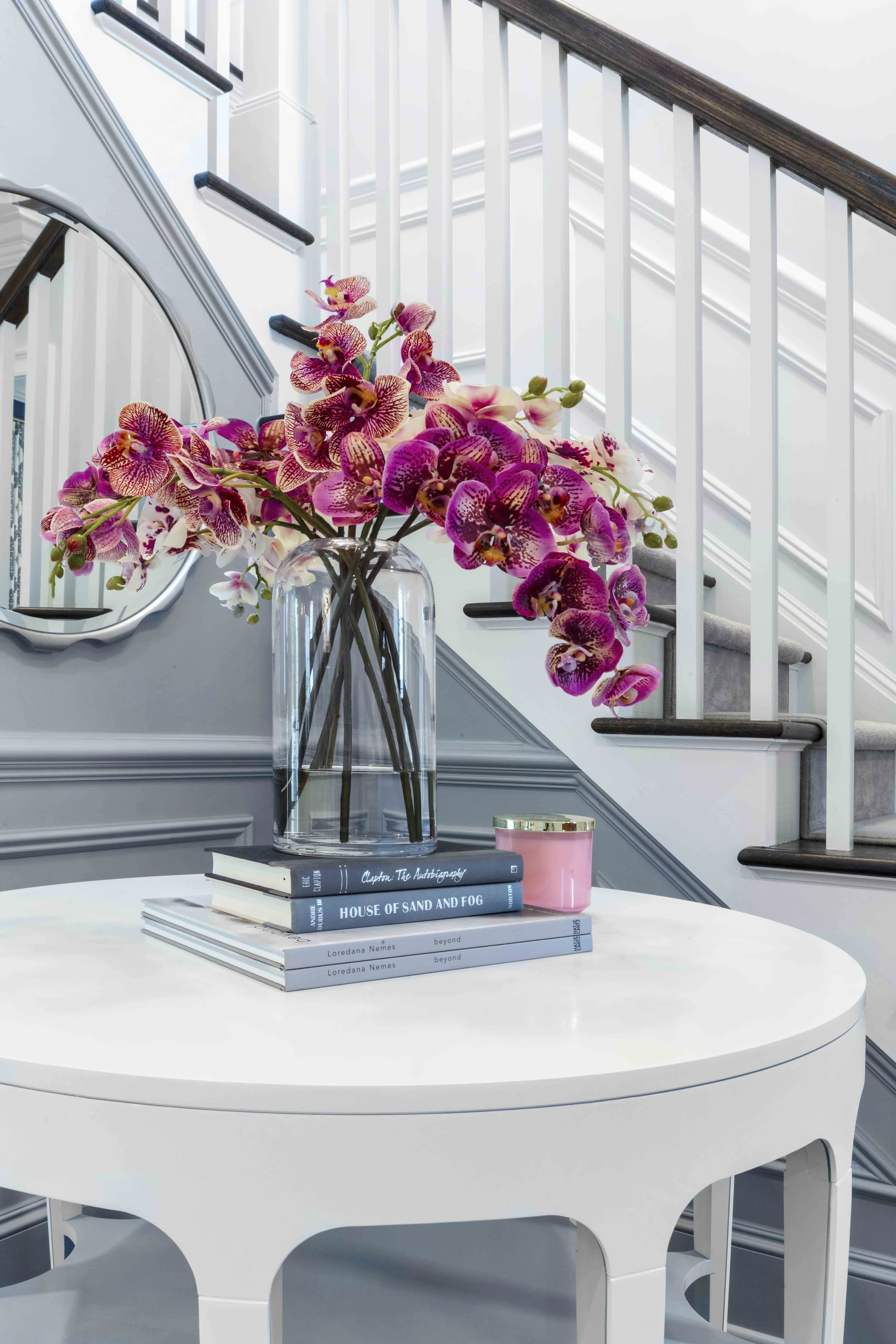 Detail of custom hall table in the Glen Oaks, Rye, NY foyer.
