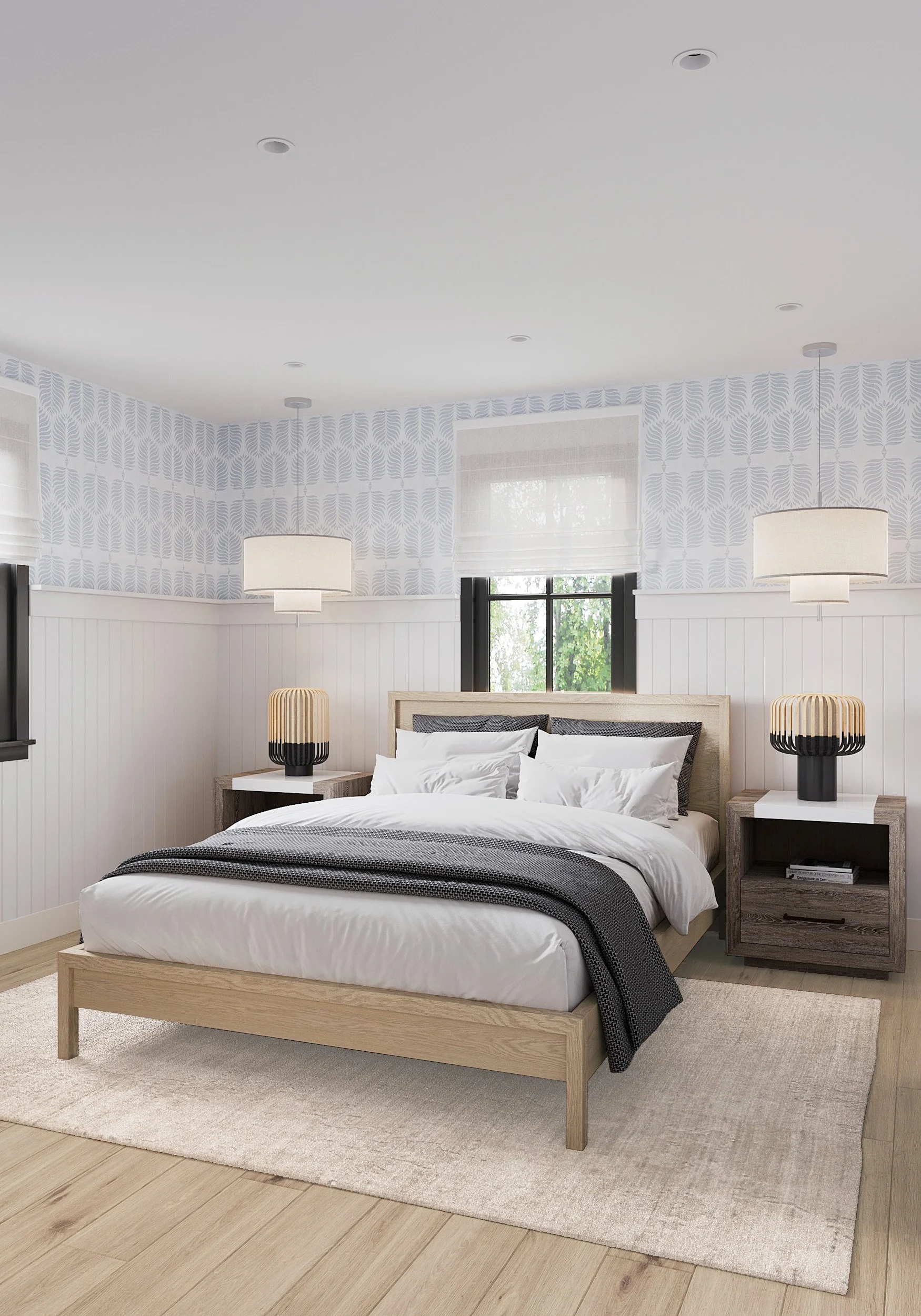 Close-up view of guest bedroom bed and linen in Nanny Hagen House in Thornwood, NY.