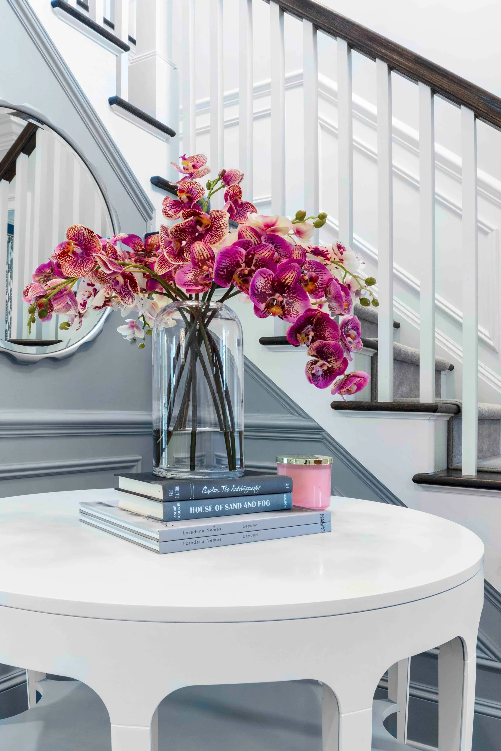 Detail of custom hall table in the Glen Oaks, Rye, NY foyer.
