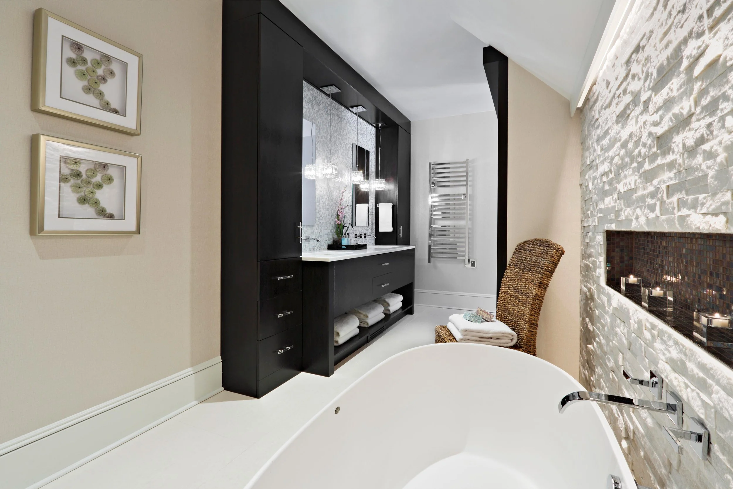 wide view of the primary bathroom in Old Briarcliff, NY, designed by Luminosus Designs.