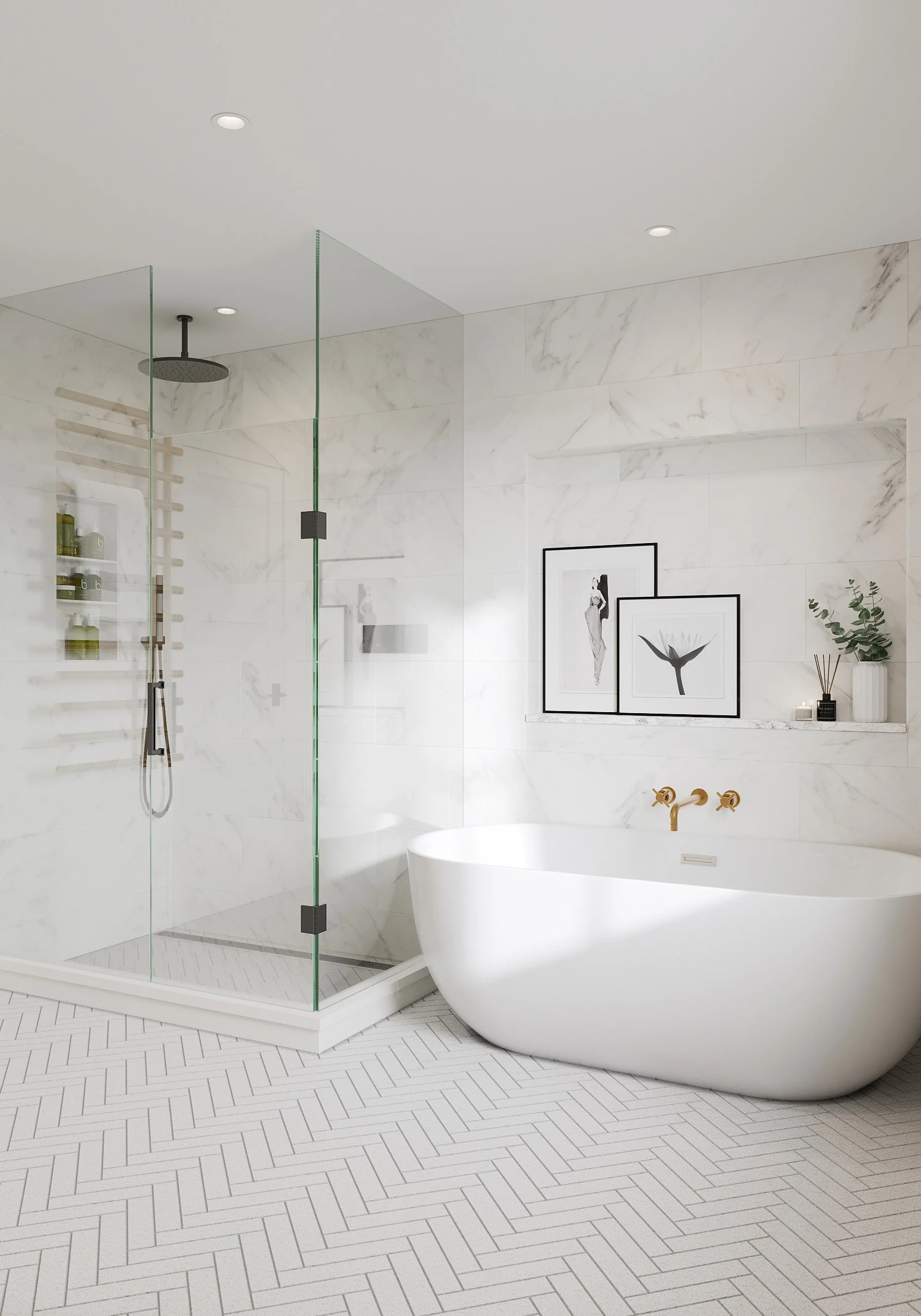 Primary bathroom showcasing gold plumbing fixtures in Nanny Hagen House in Thornwood, NY.