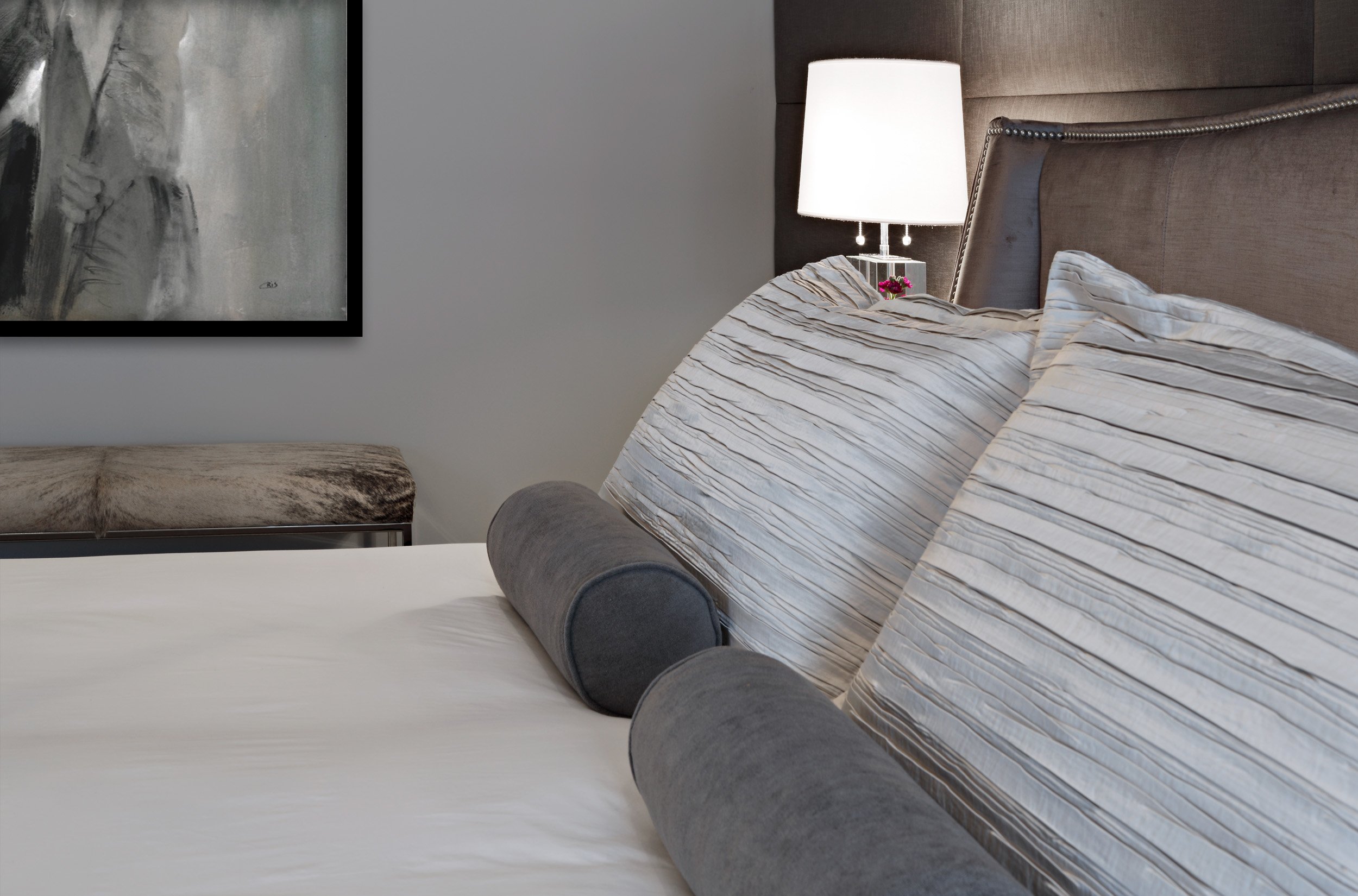 Custom bedding detail in Parkfield House in Scarsdale NY primary bedroom.