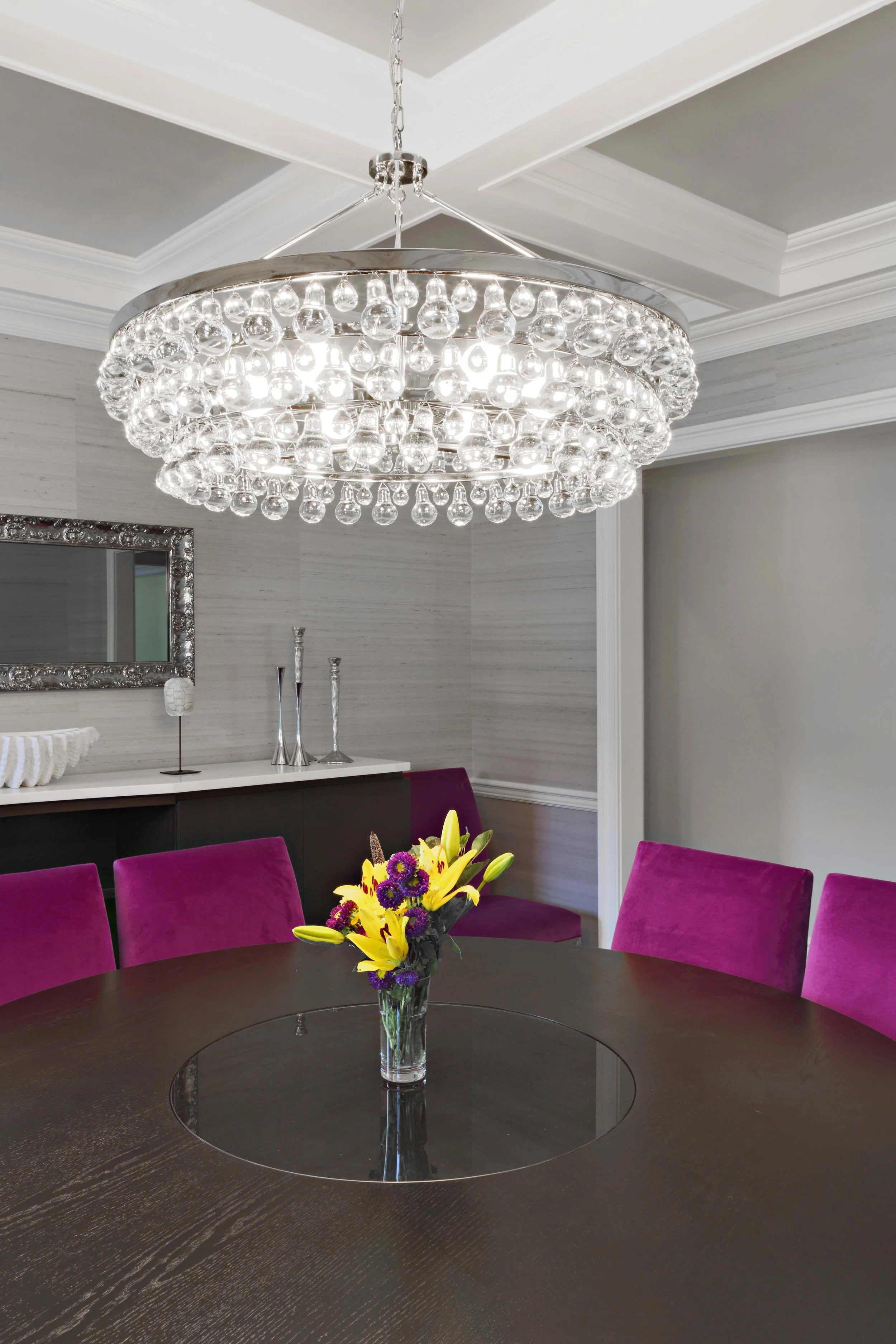 Chandelier and custom dining table in Parkfield House in Scarsdale NY dining room.