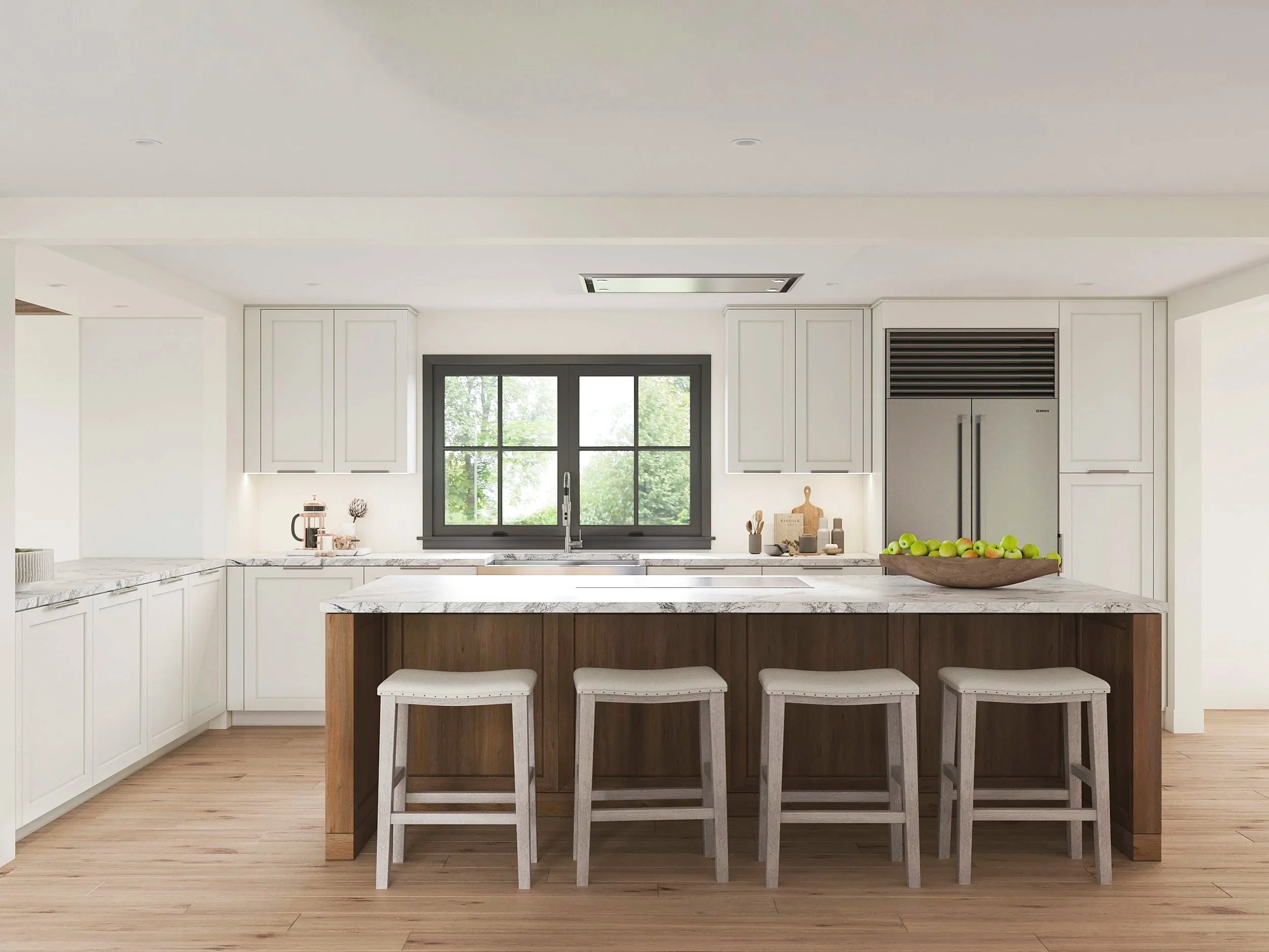 Gourmet kitchen with cabinetry, large island, integrated appliances, and warm finishes designed by Luminosus Designs