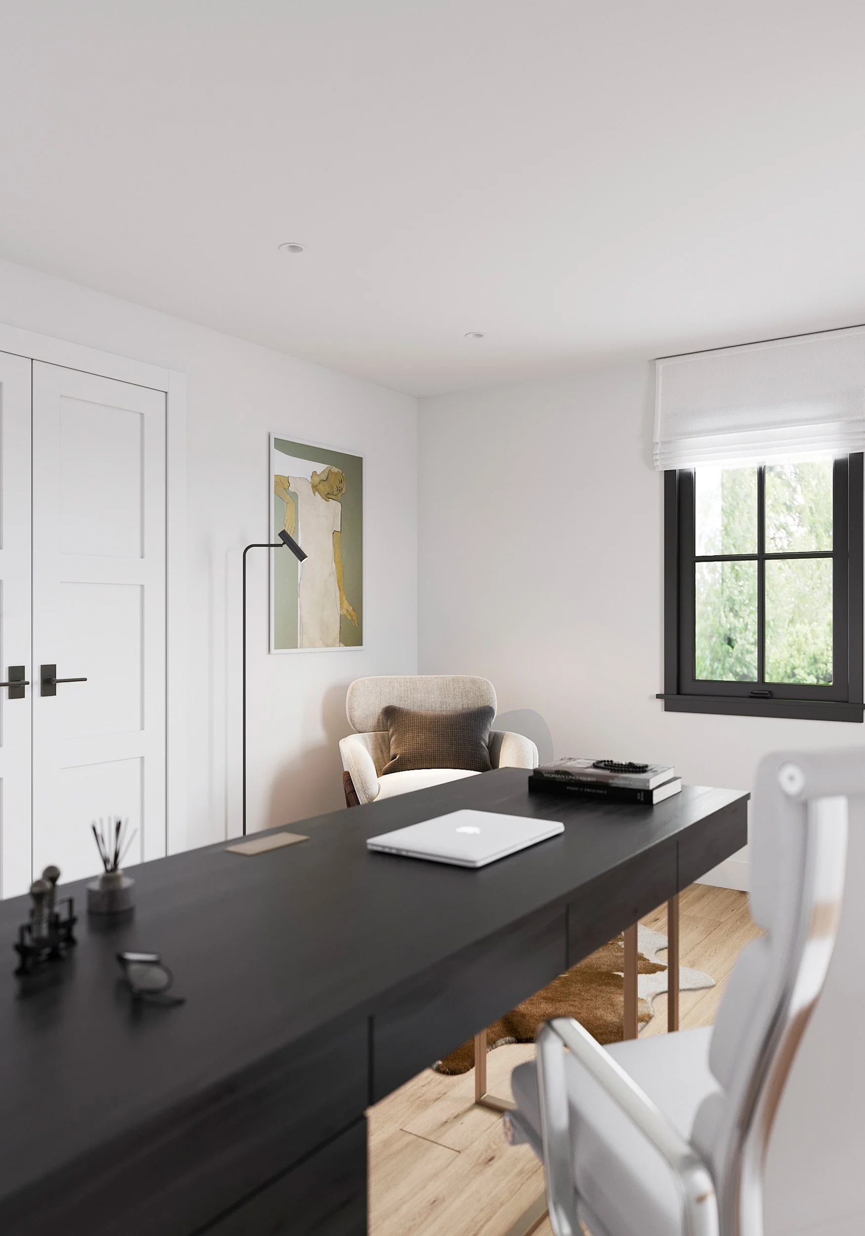 Close-up view of reading nook from desk in Nanny Hagen House in Thornwood, NY.