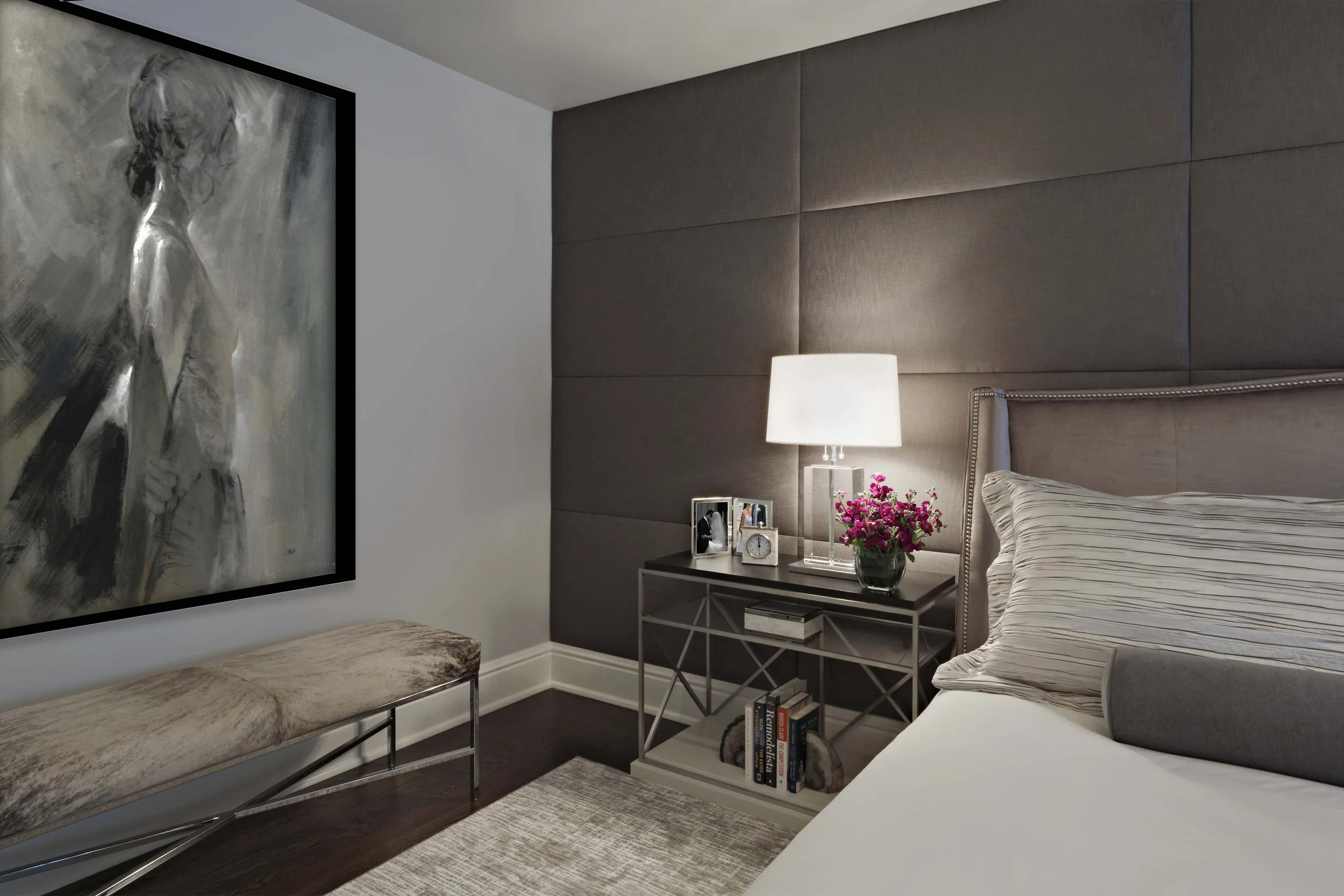 Bedside table and bench detail in Parkfield House in Scarsdale NY primary bedroom.