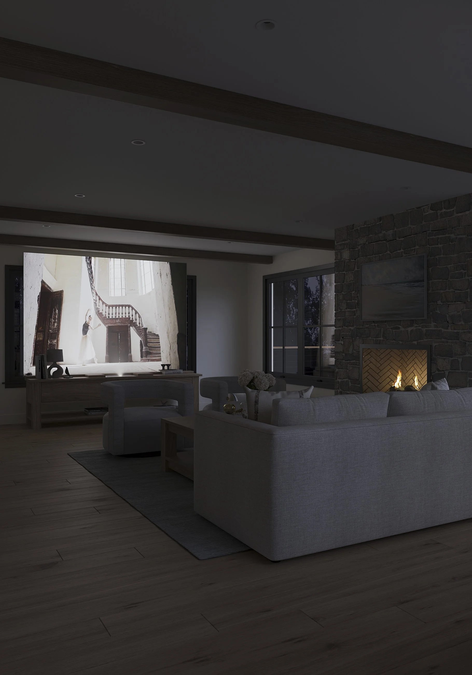 Close-up view of family room hidden tv cabinet at night in Nanny Hagen House in Thornwood, NY.