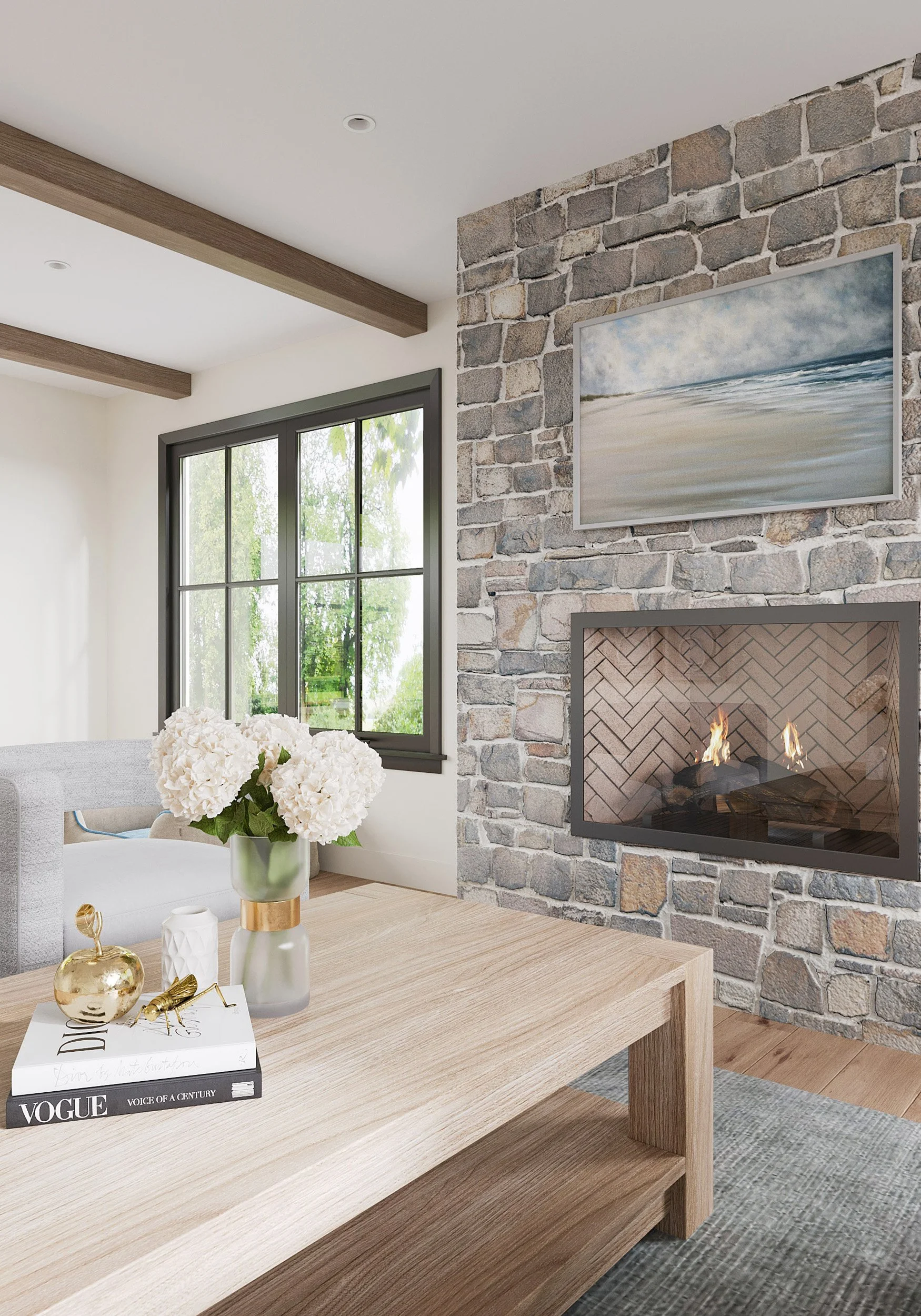 Close-up view of family room stone fireplace and coffee table in Nanny Hagen House in Thornwood, NY.