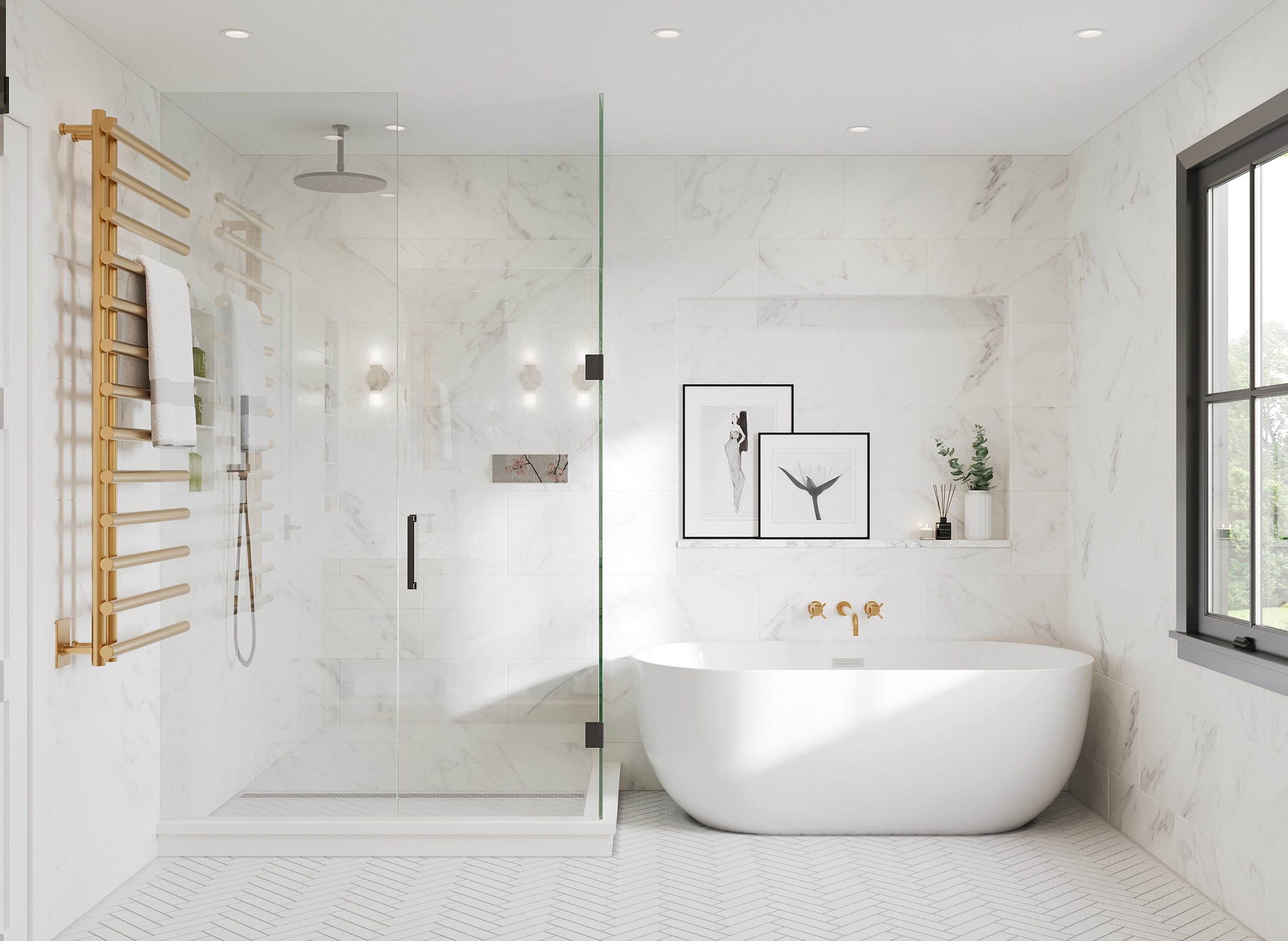 Primary bathroom featuring oval freestanding tub, glass-enclosed shower, and display niche above tub in Nanny Hagen House in Thornwood, NY by Luminosus Designs.
