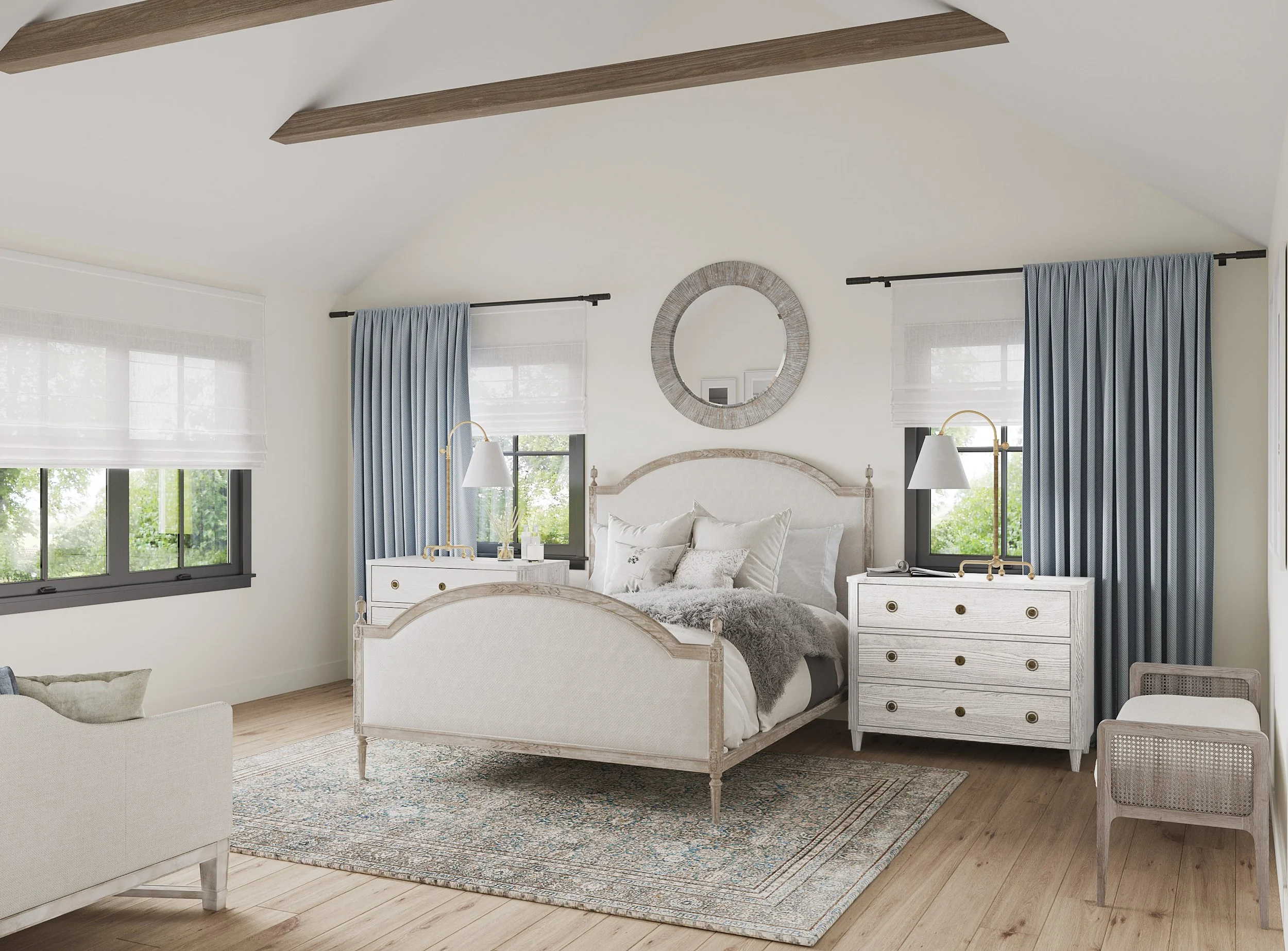 Wide view of primary bedroom in Nanny Hagen House in Thornwood, NY.