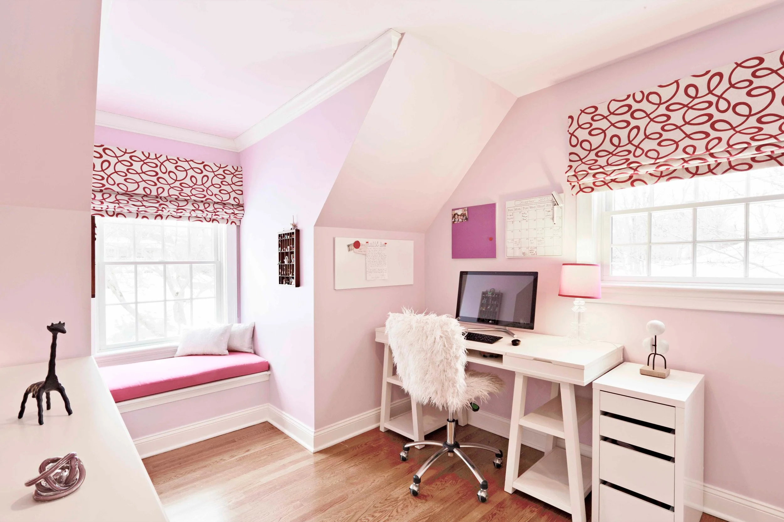 Custom window seat and study nook detail in a girl’s bedroom at the Old Wagon project in Old Greenwich, CT.