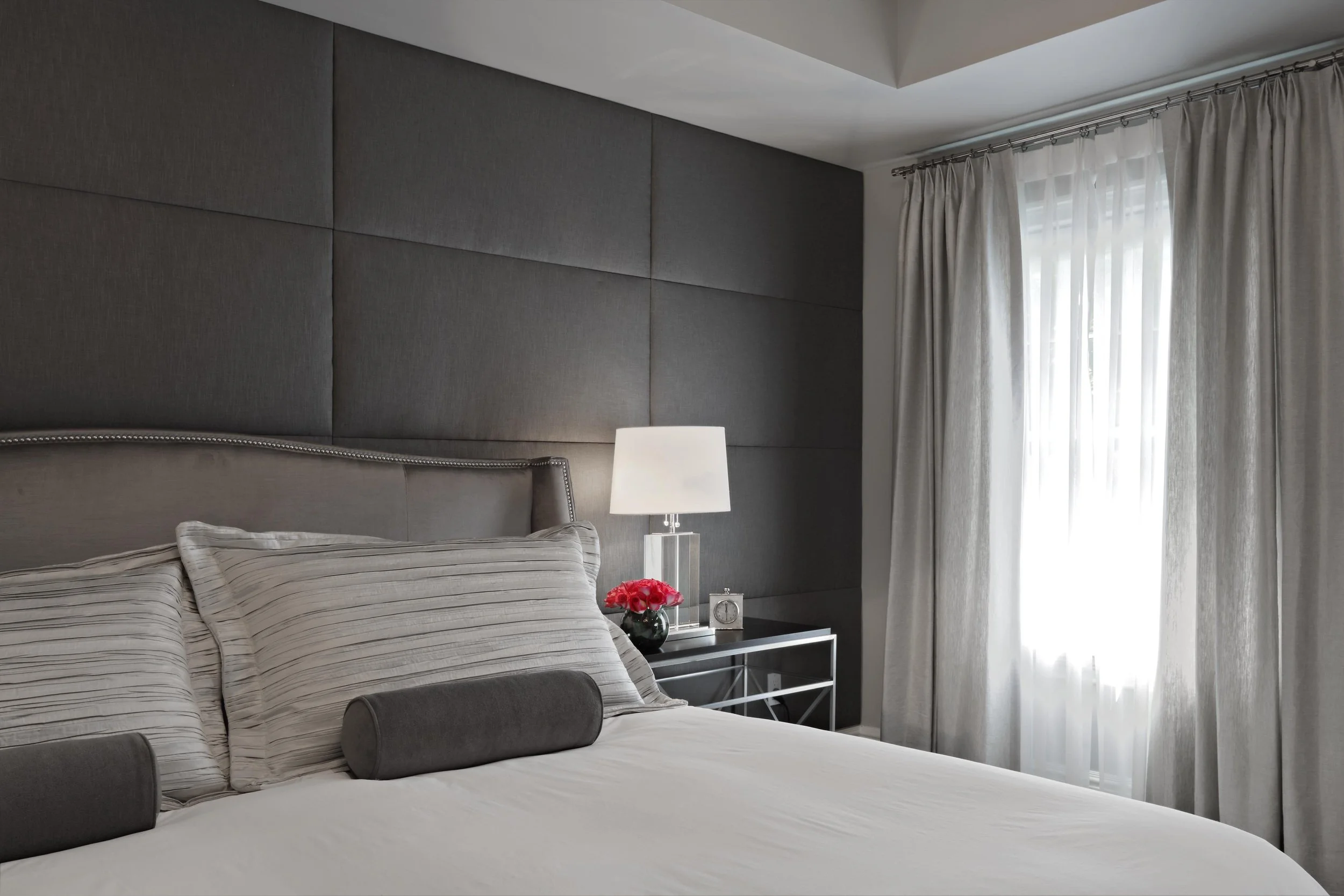 Window treatment detail in Parkfield House in Scarsdale NY primary bedroom.