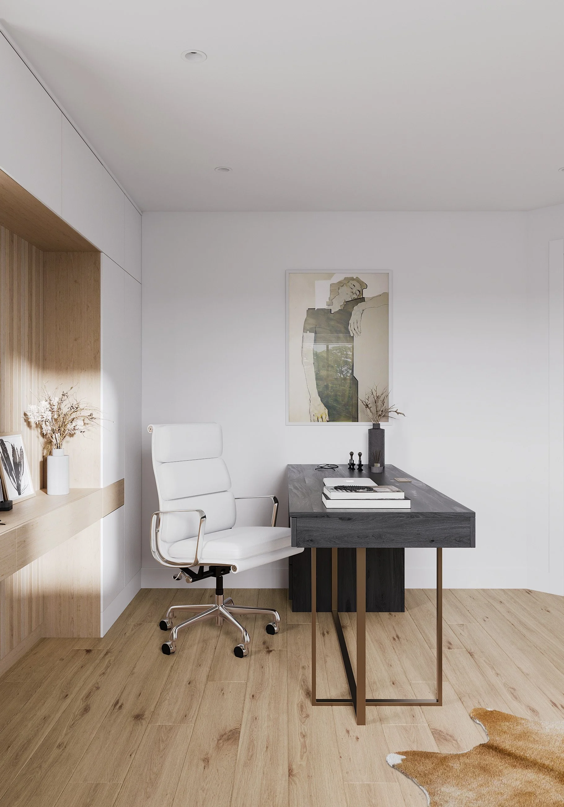 Close-up view of home office desk and task chair in Nanny Hagen House in Thornwood, NY.