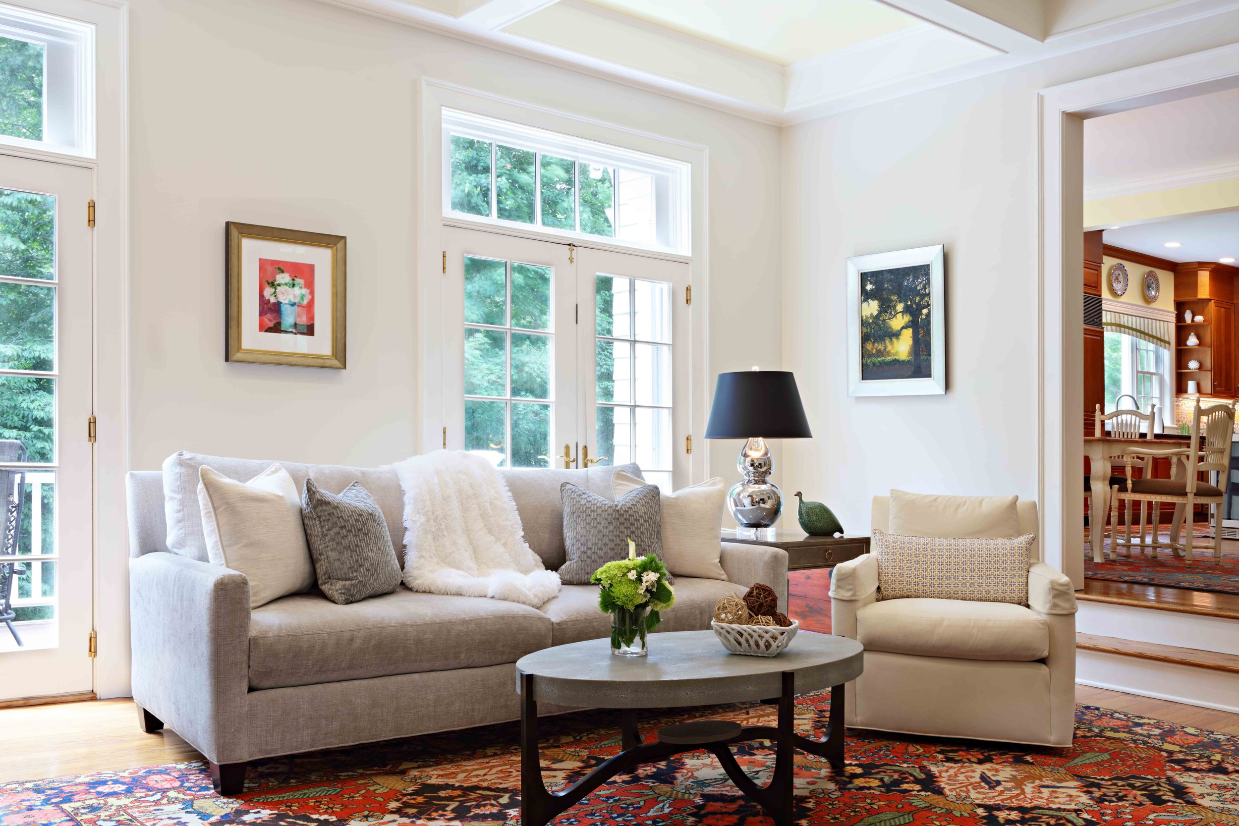 Family Room featuring sofa styling and pillows at Lismore House in Greenwich, CT.