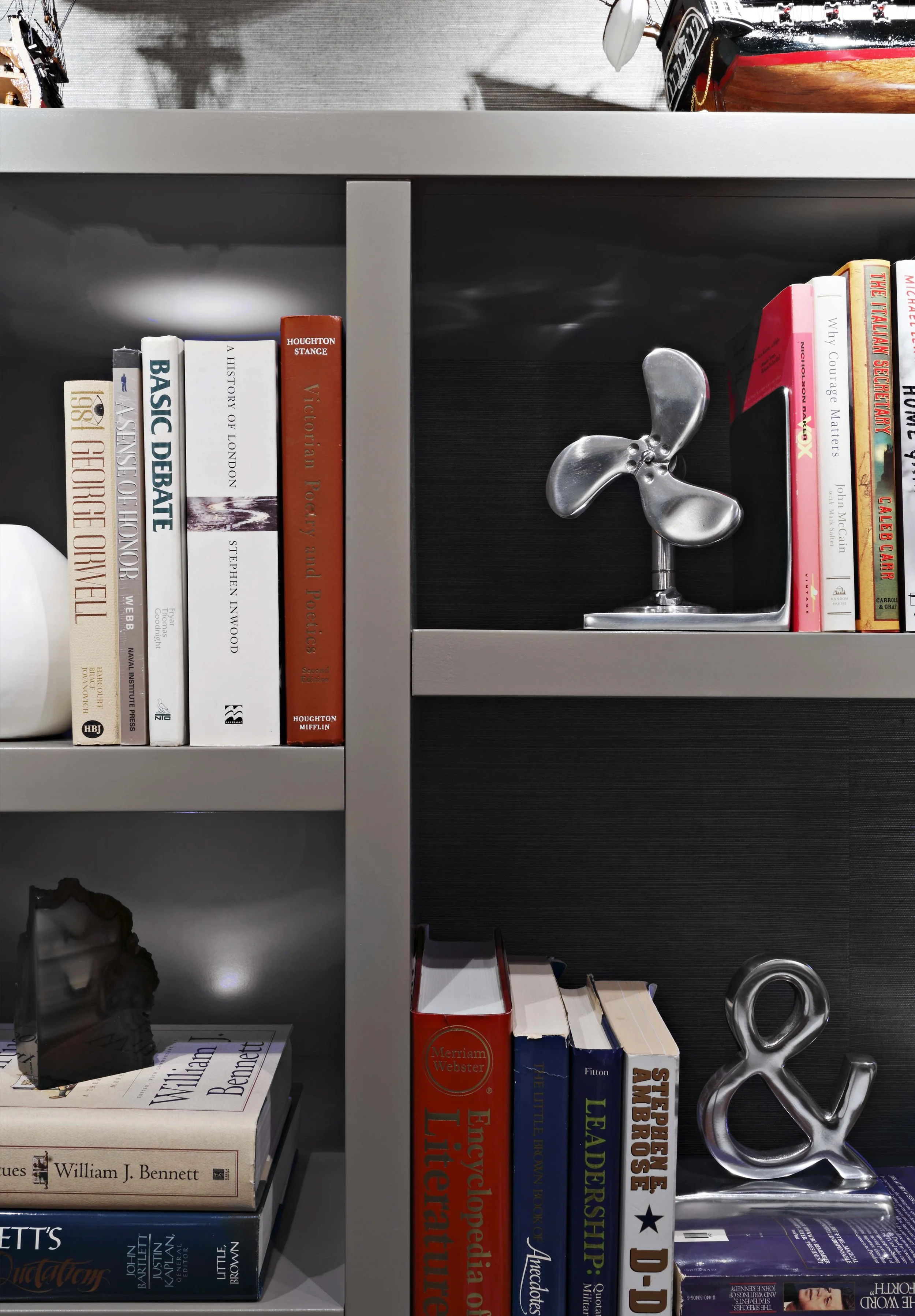 Detail of built-in bookcase with tailored shelving.