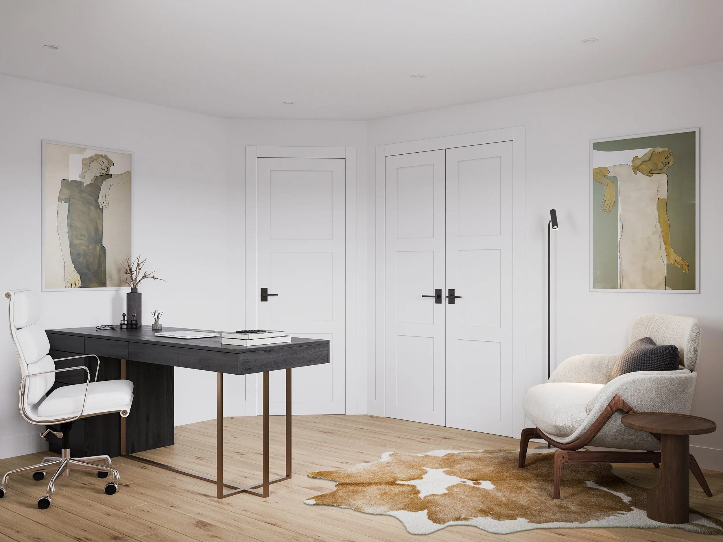 Wide view of home office desk and reading nook in Nanny Hagen House in Thornwood, NY.