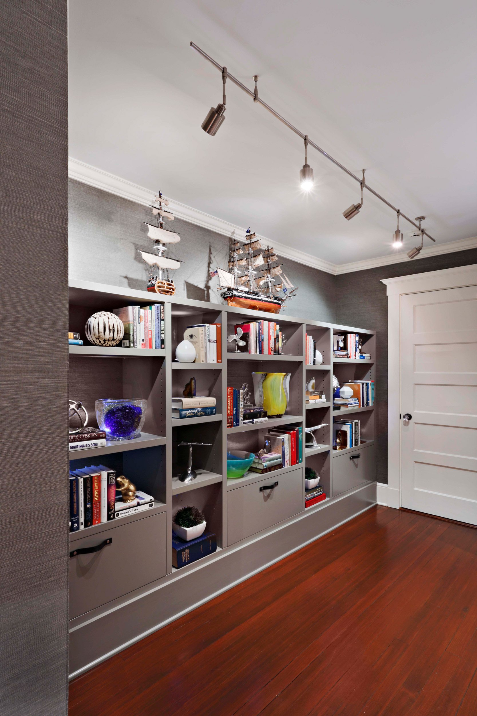 Wide view of custom home office designed by Luminosus Designs for Indian Field residence in Greenwich, CT.