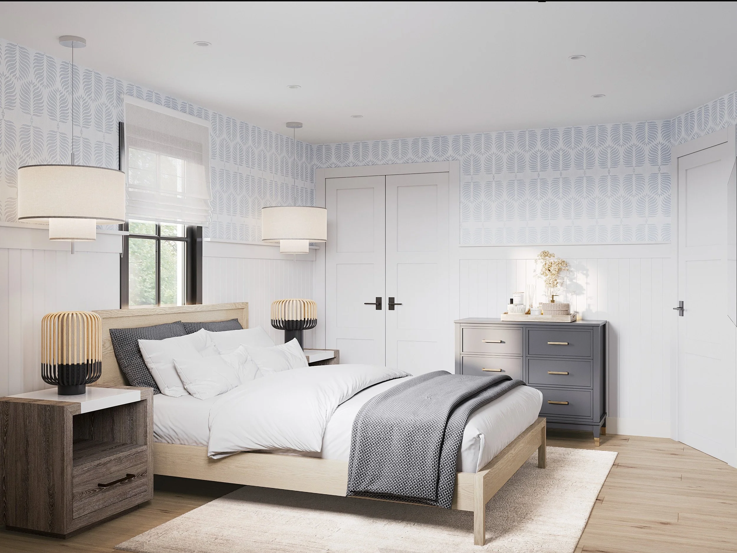 Wide view of guest bedroom with nightstand and dresser in Nanny Hagen House in Thornwood, NY.