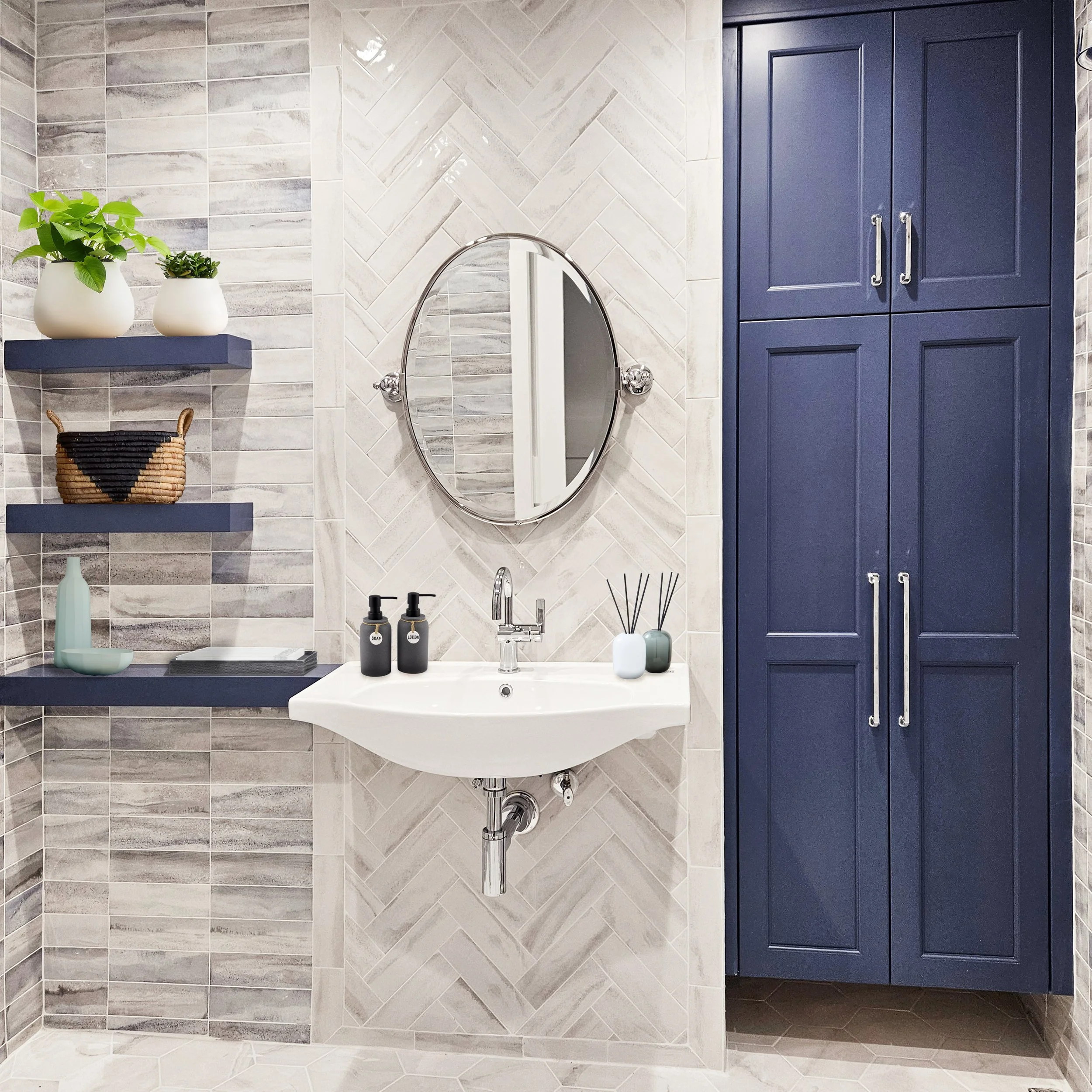 An accessible family bath in belmar residence in westfield, nj featuring wall-mount vanity and wet shower area designed by Luminosus Designs.