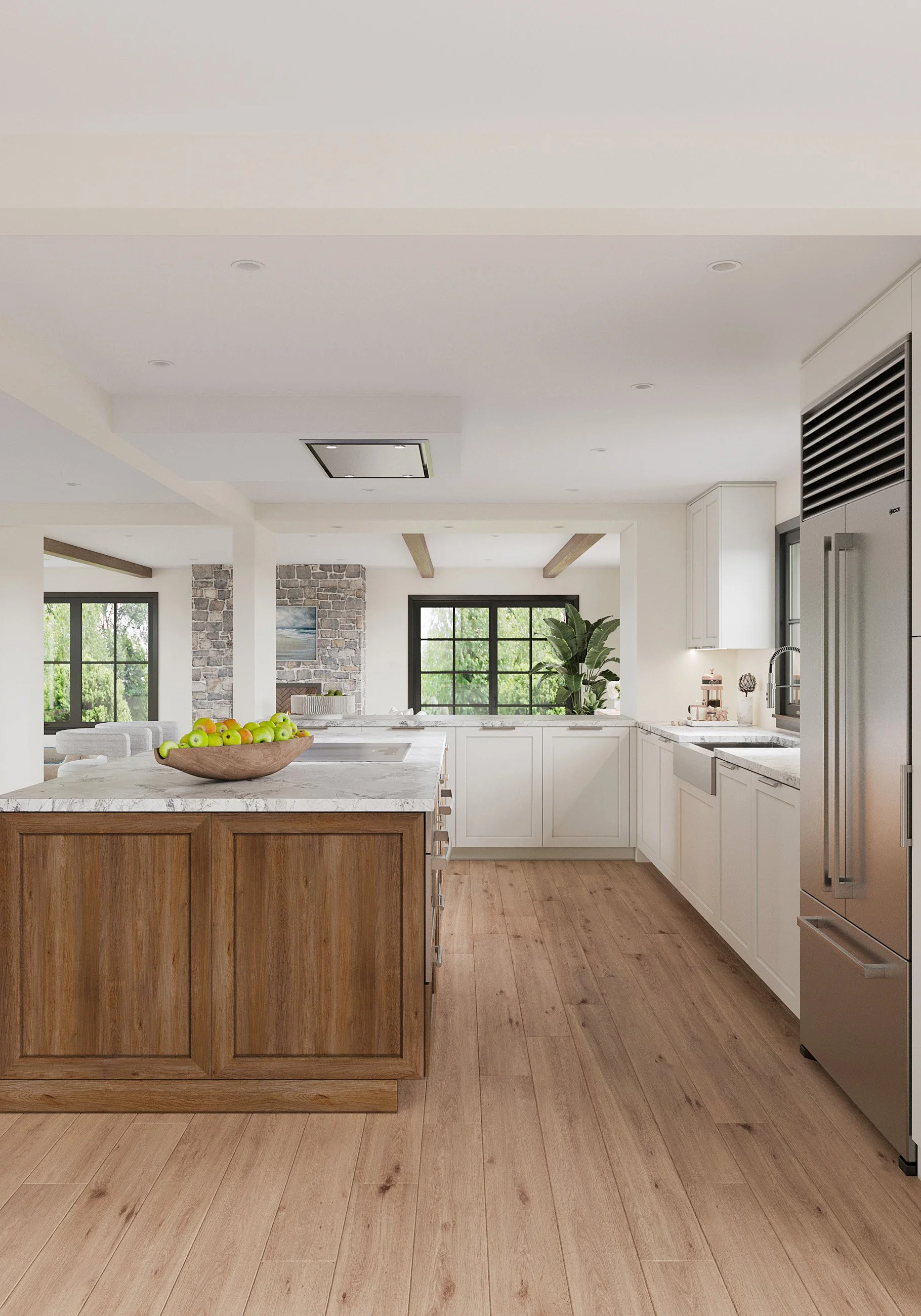 Detail of kitchen stone countertop with a view towards family room in Nanny Hagen House in Thornwood, NY.