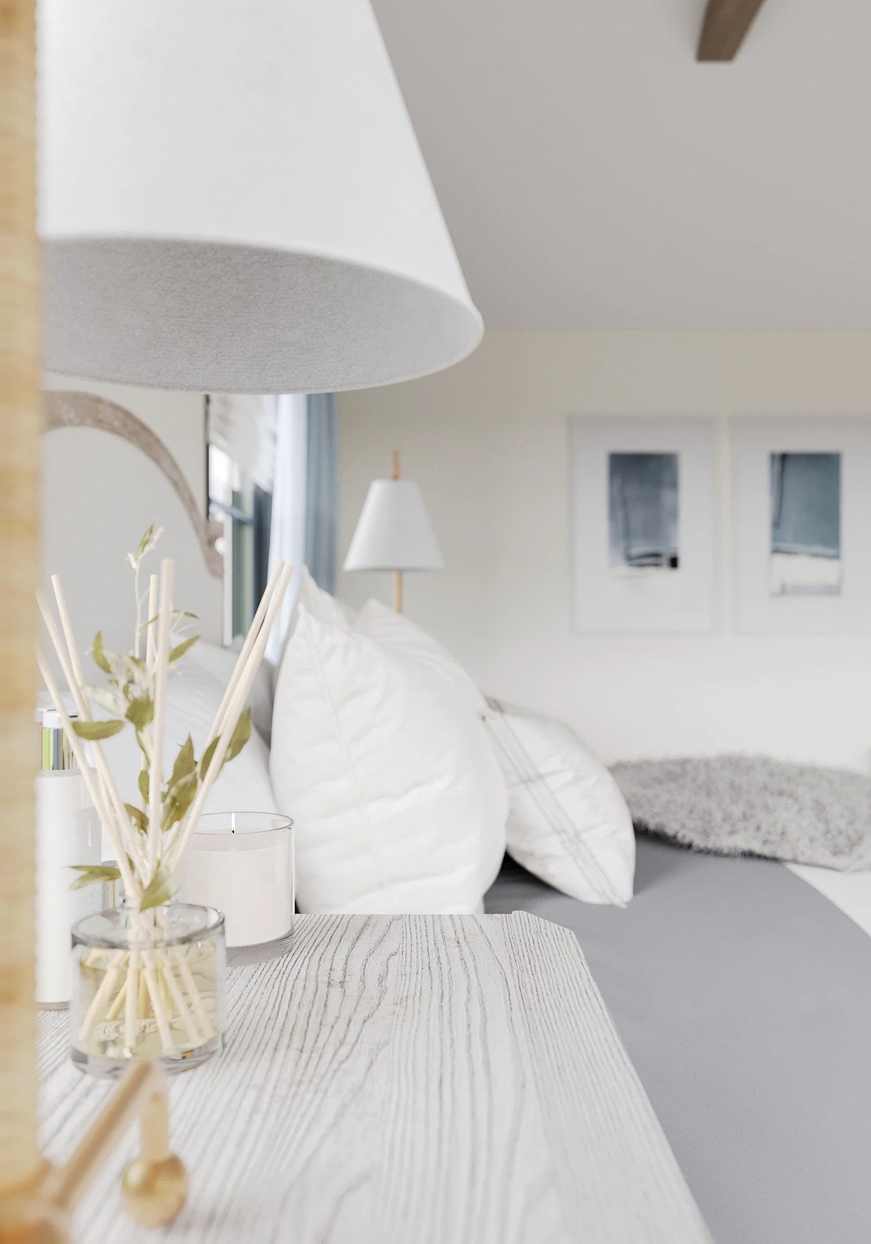 Detail of primary bedroom bedding and decor in Nanny Hagen House in Thornwood, NY.