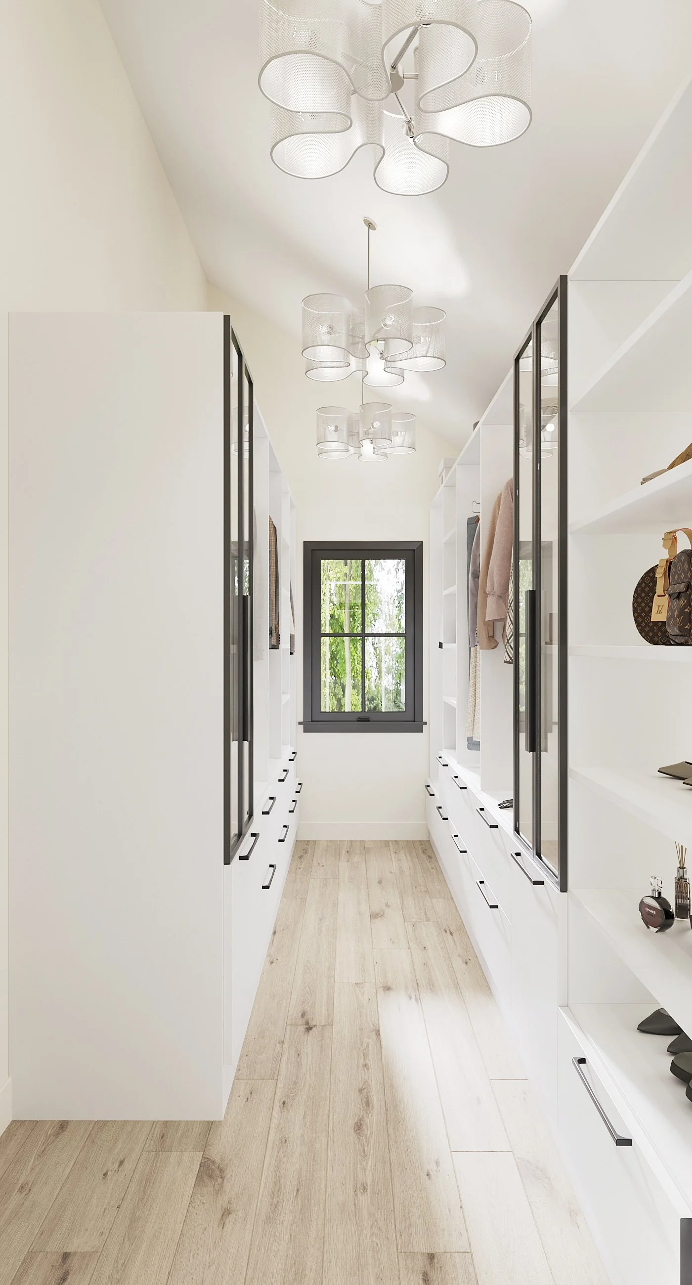 Custom walk-in primary closet with natural light in Nanny Hagen House in Thorwood, NY.
