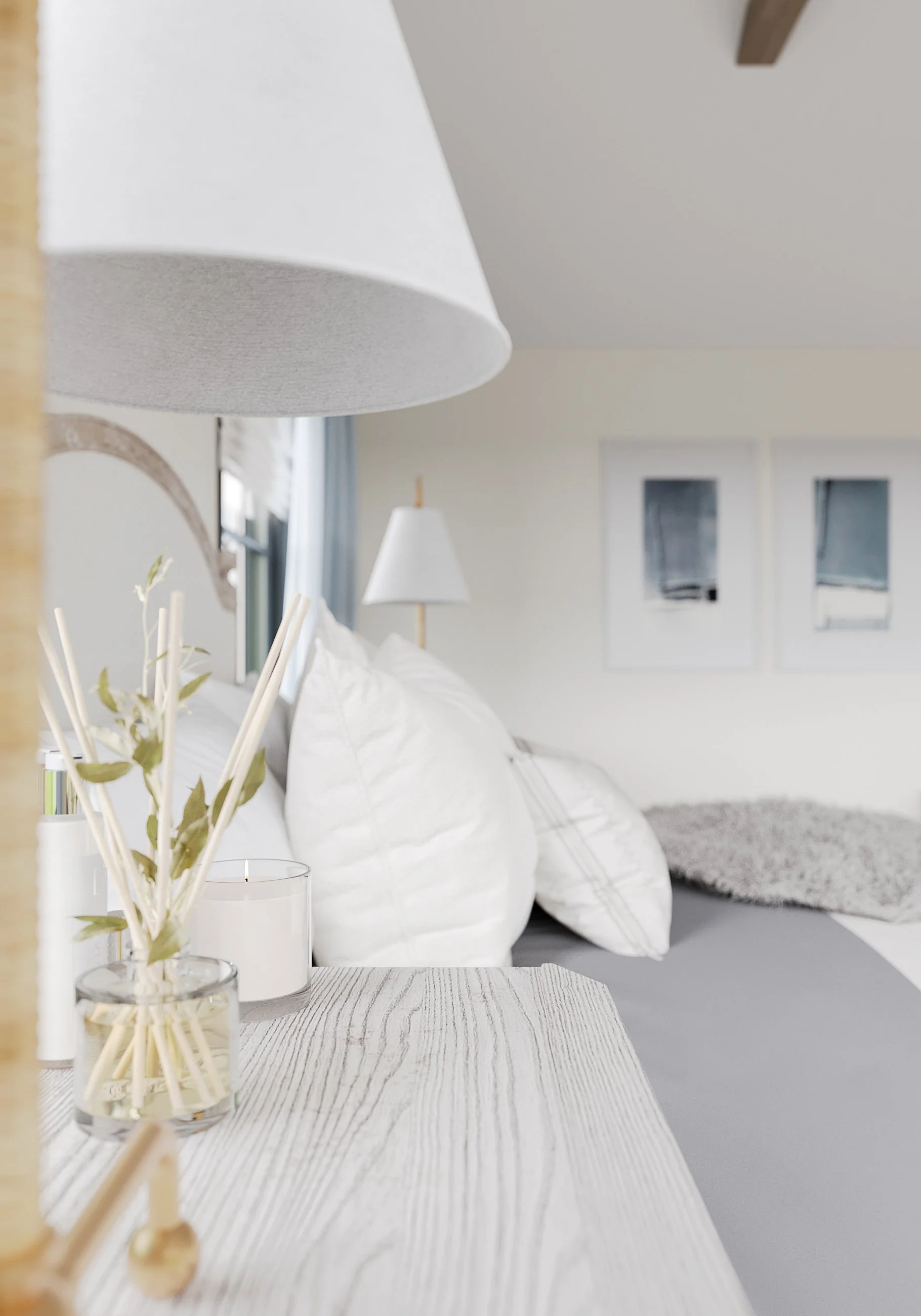 Detail of primary bedroom bedding and decor in Nanny Hagen House in Thornwood, NY.
