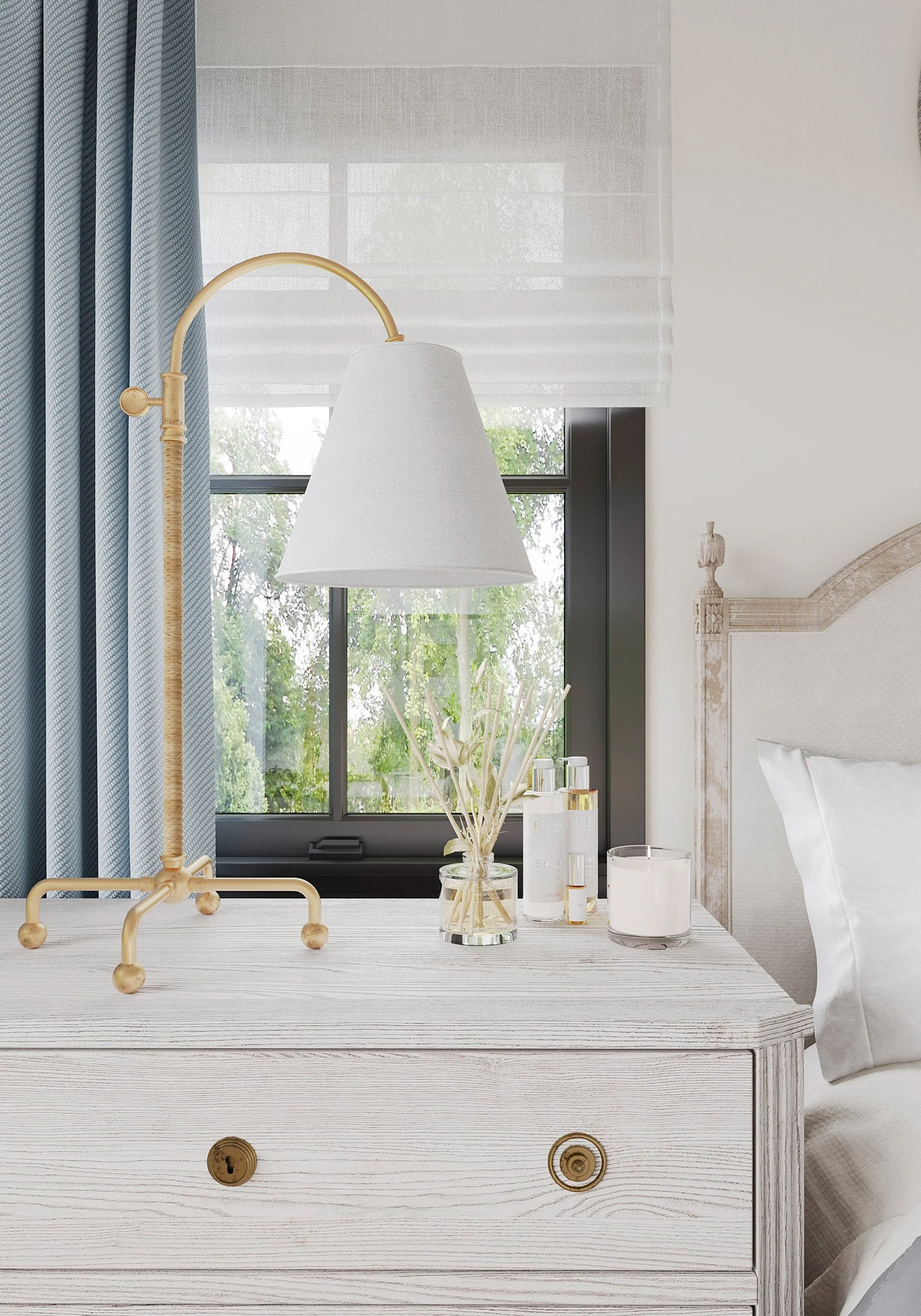 Detail of primary bedroom bedside table, lamp, and decor in Nanny Hagen House in Thornwood, NY.