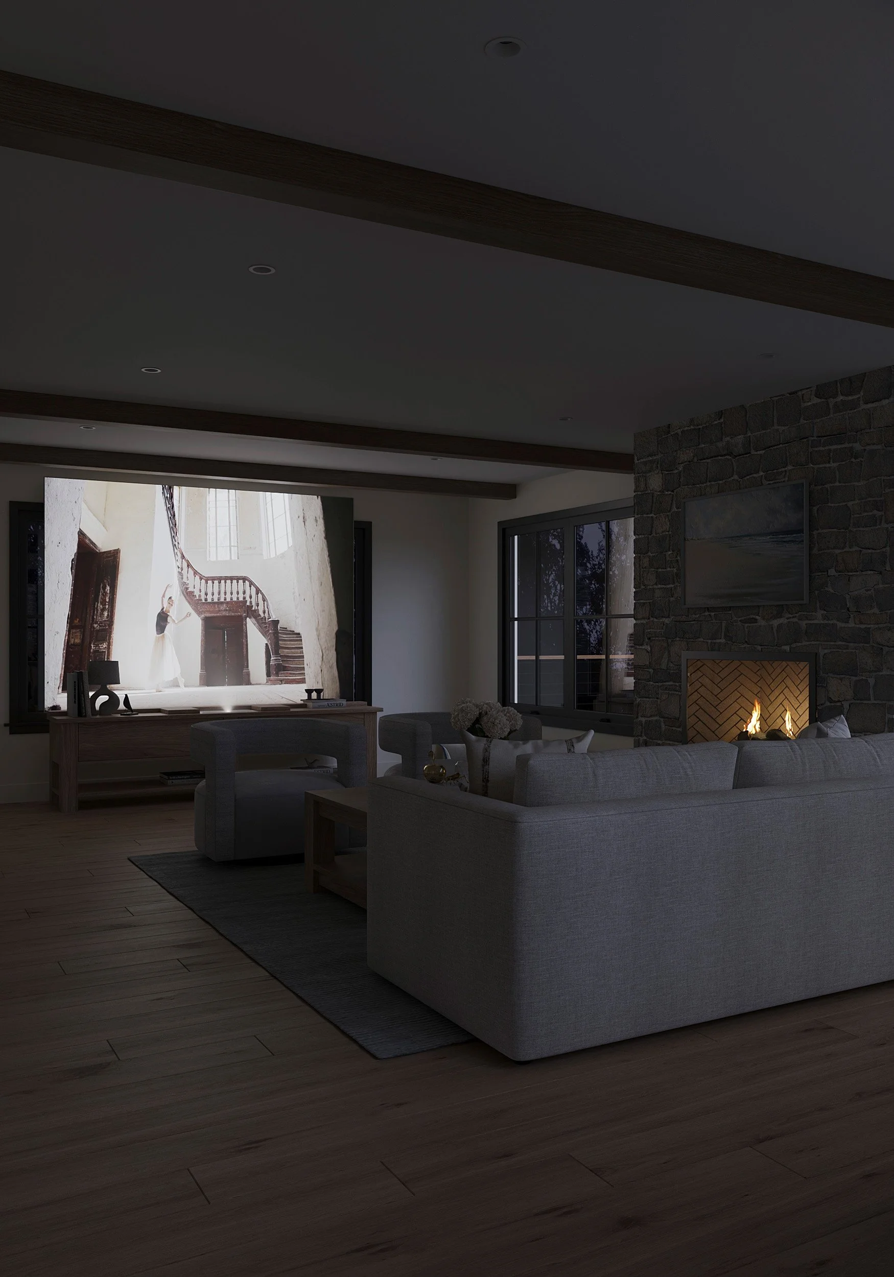 Close-up view of family room hidden tv cabinet at night in Nanny Hagen House in Thornwood, NY.