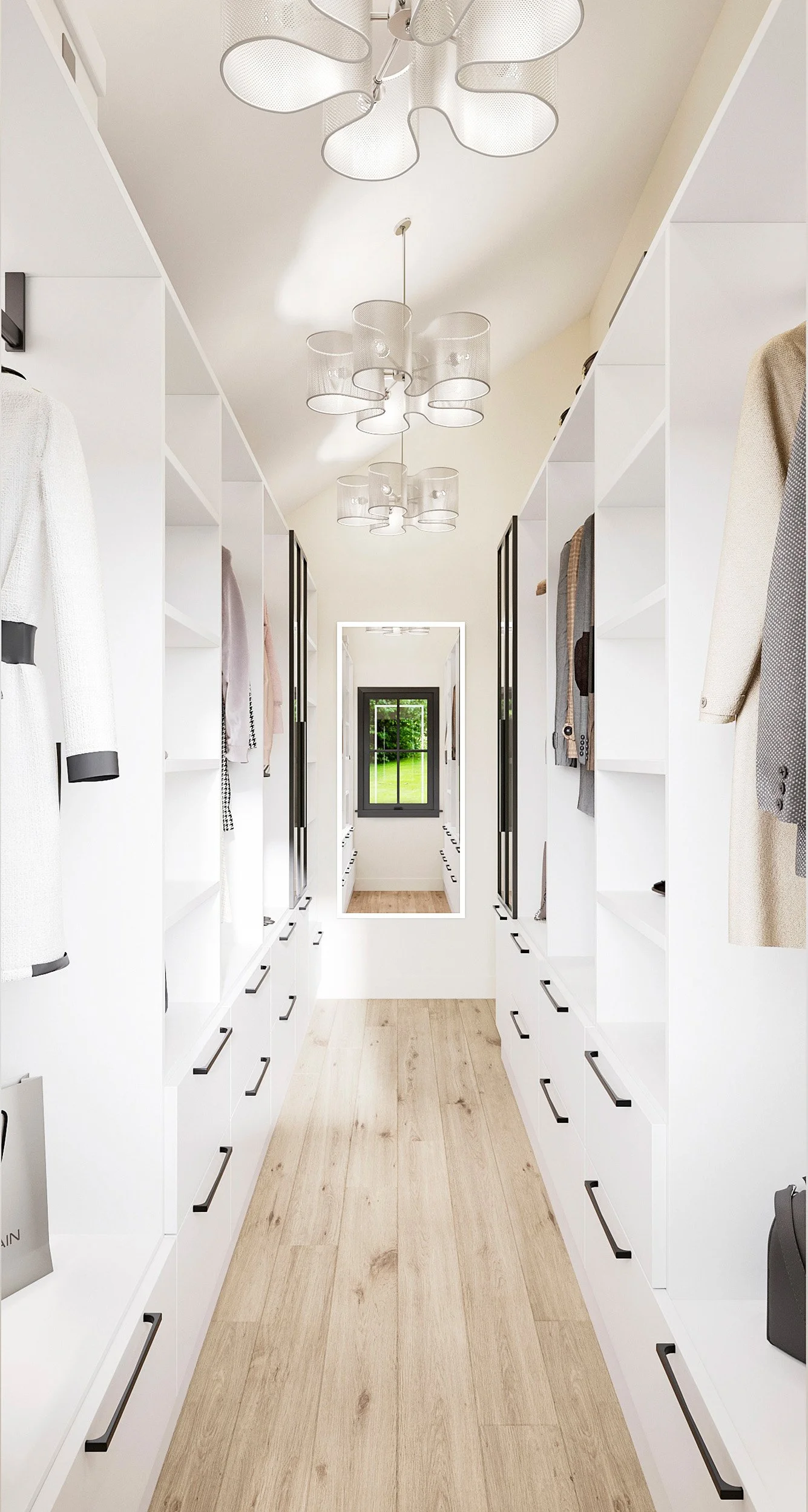 Custom walk-in primary closet featuring full height mirror in Nanny Hagen House in Thornwood, NY.