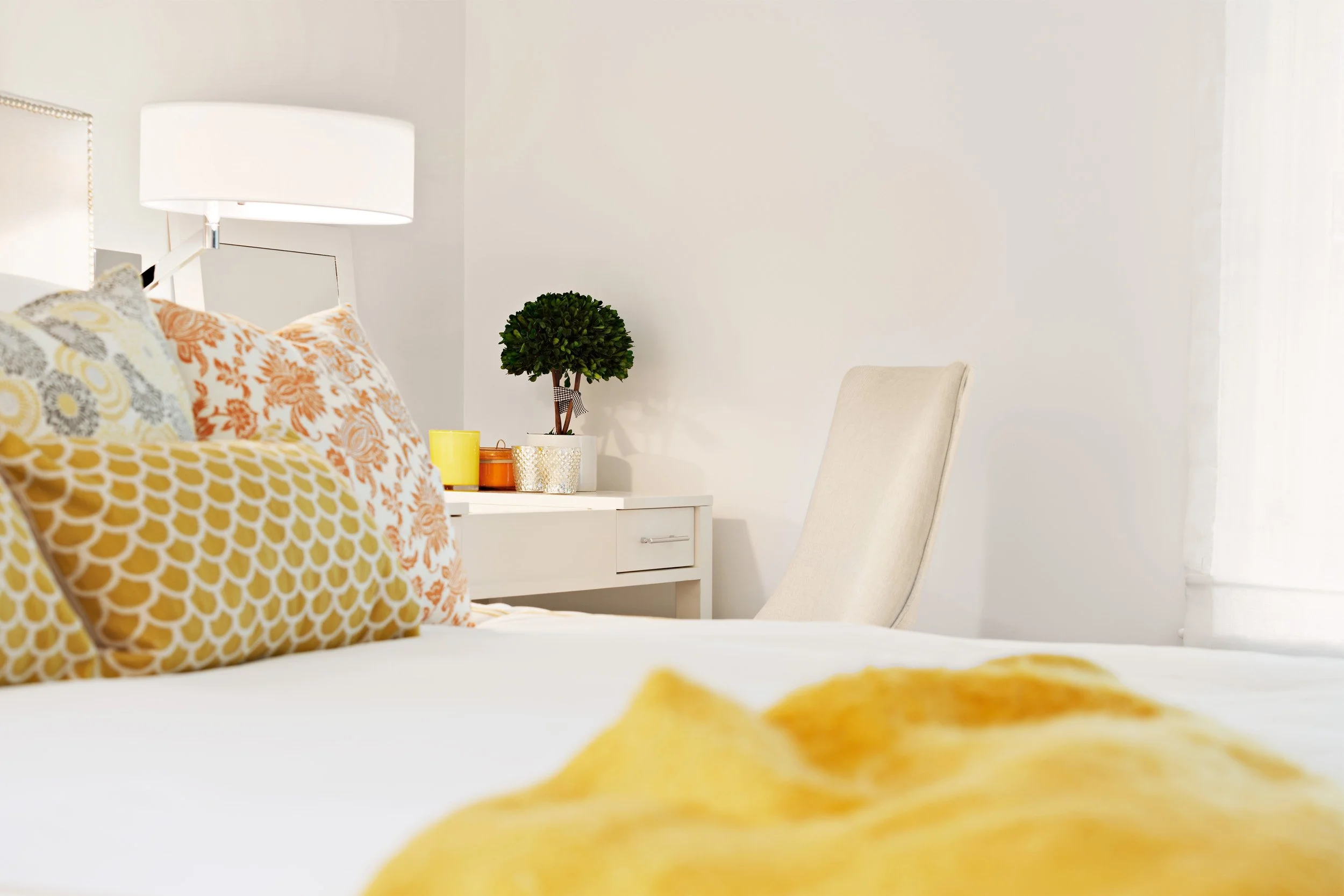 Guest bedroom bed and desk detail in Parkfield House in Scarsdale NY.