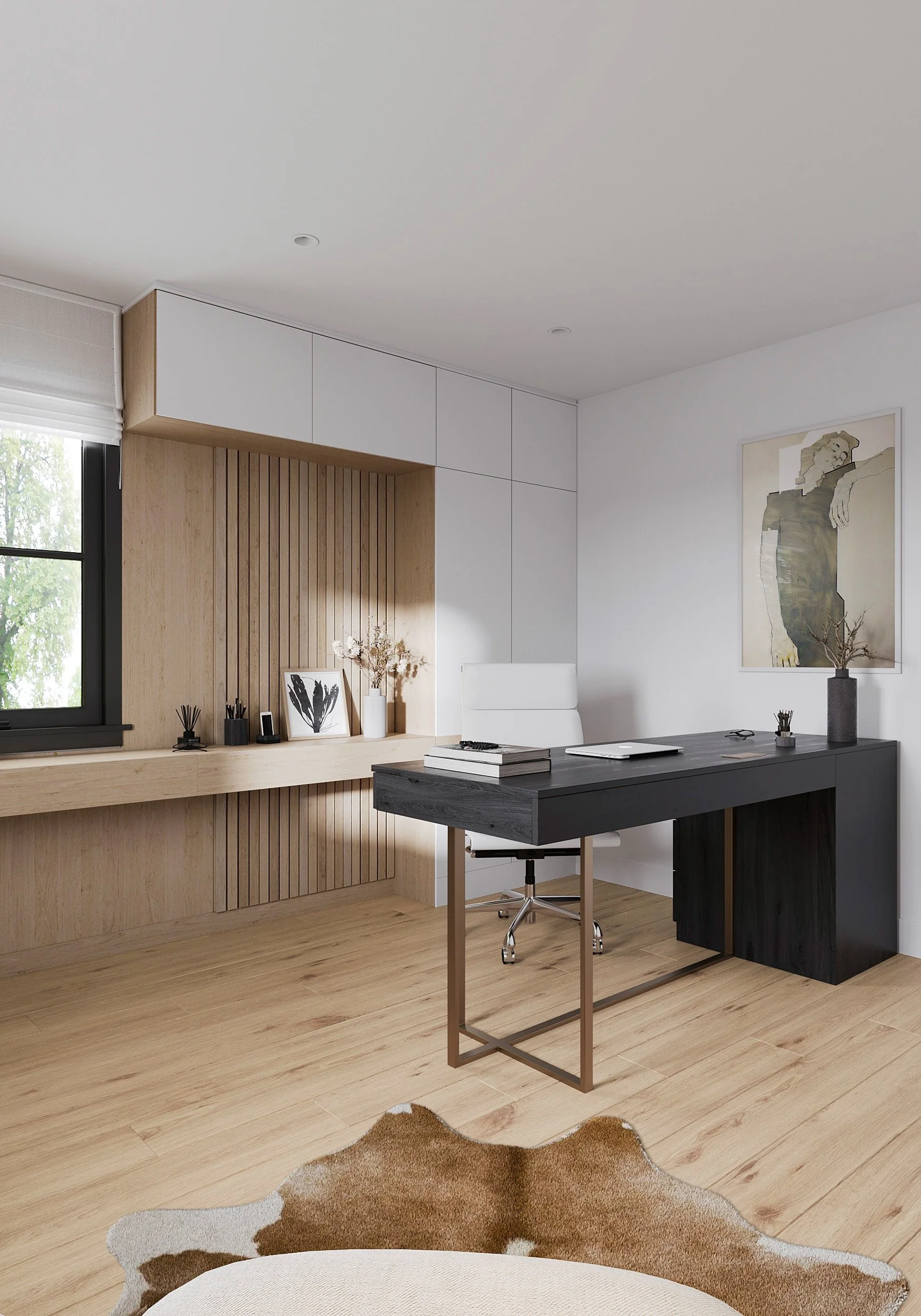 Close-up view of desk and bookcase from reading nook in Nanny Hagen House in Thornwood, NY.