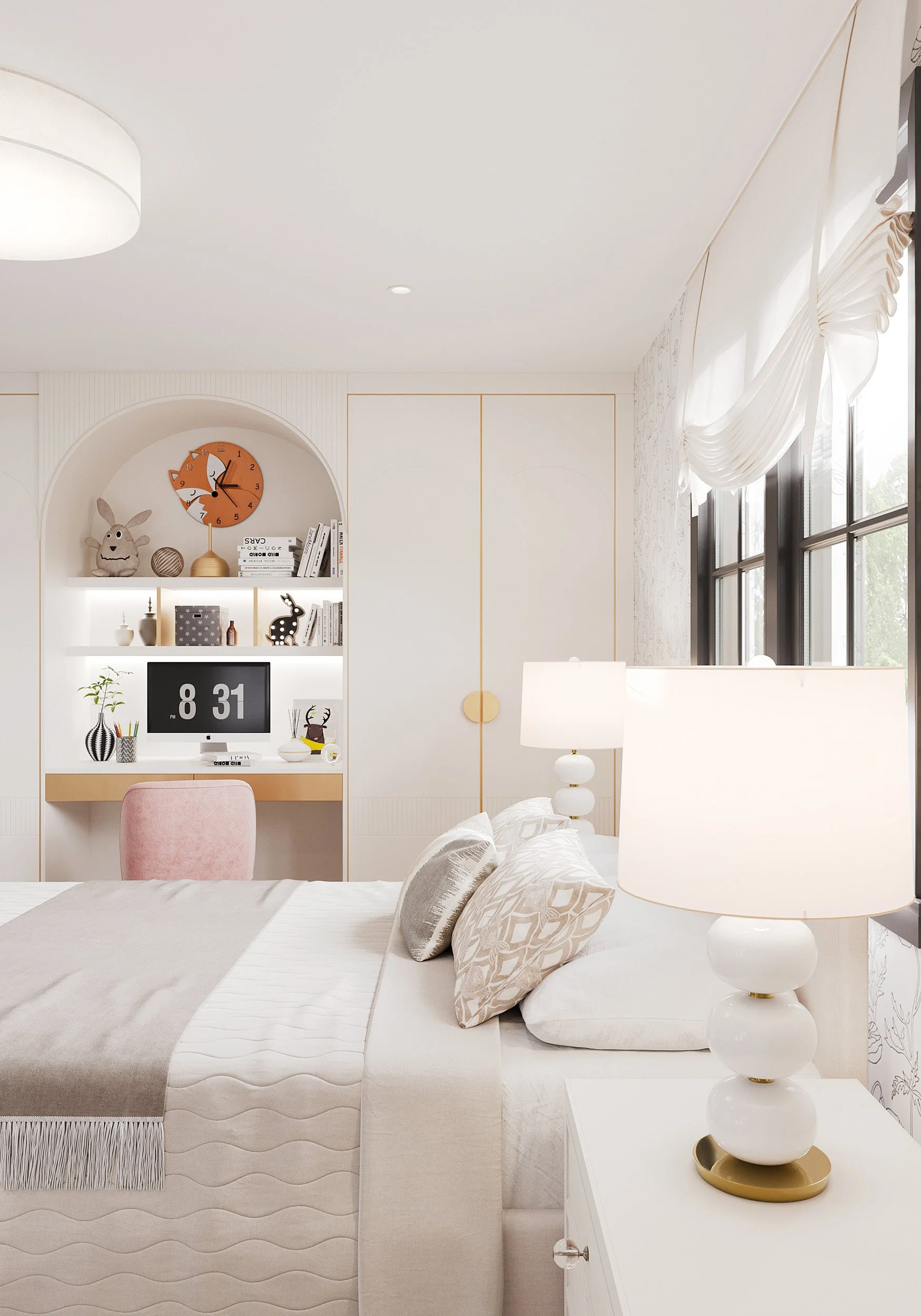 Detail view of desk and decor in girl's bedroom in Nanny Hagen House in Thornwood, NY.